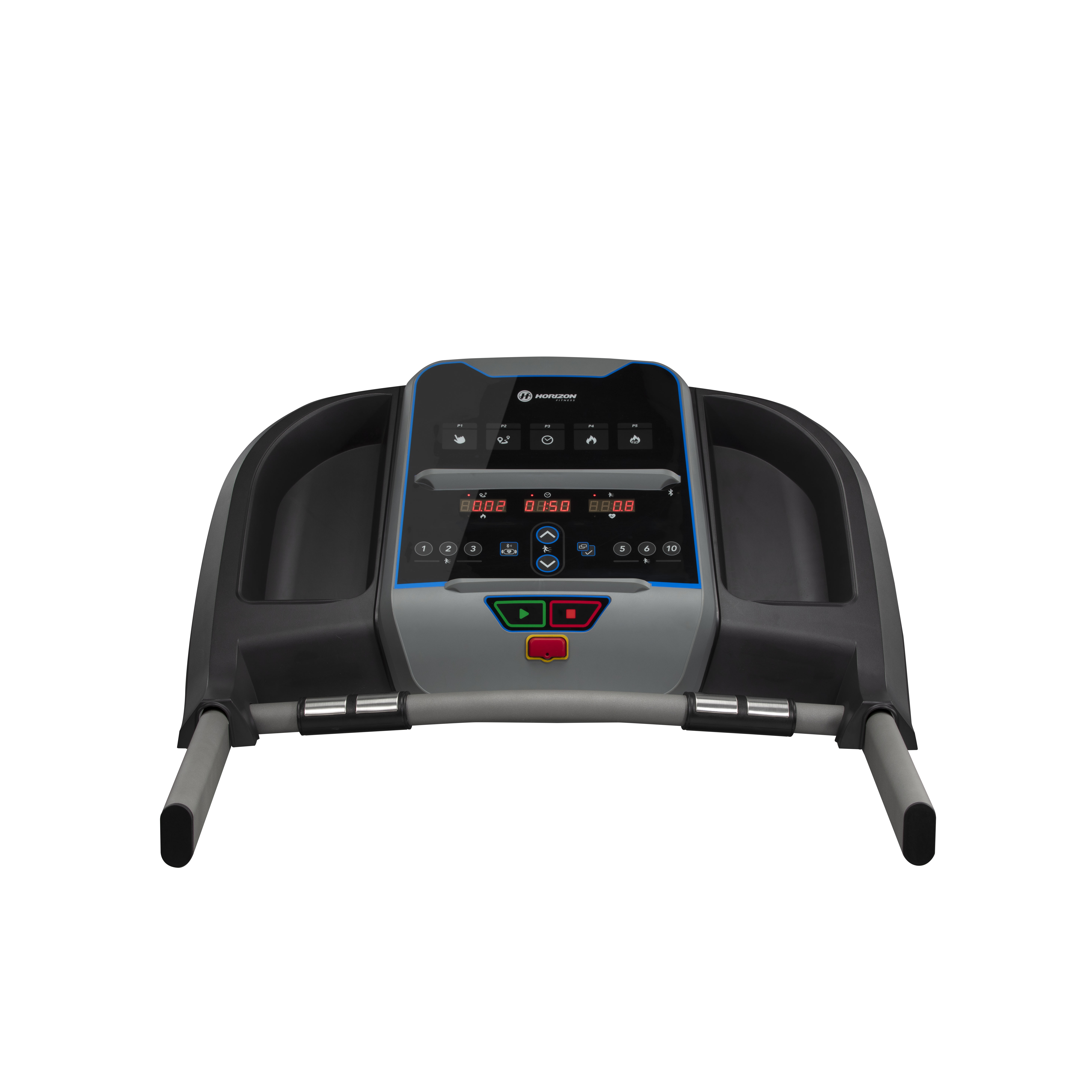 Pannello di controllo del tapis roulant con pulsanti e display.