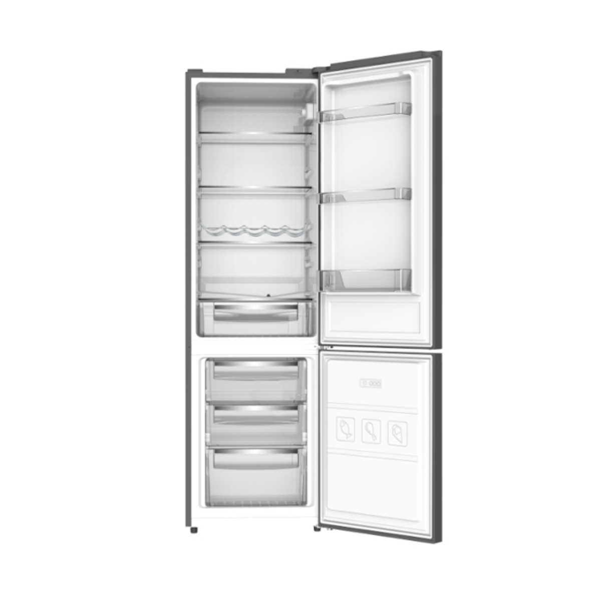 Ein schwarzer Kühlschrank mit geöffneten Türen. Er hat Regale und Schubladen. Weißer Hintergrund.