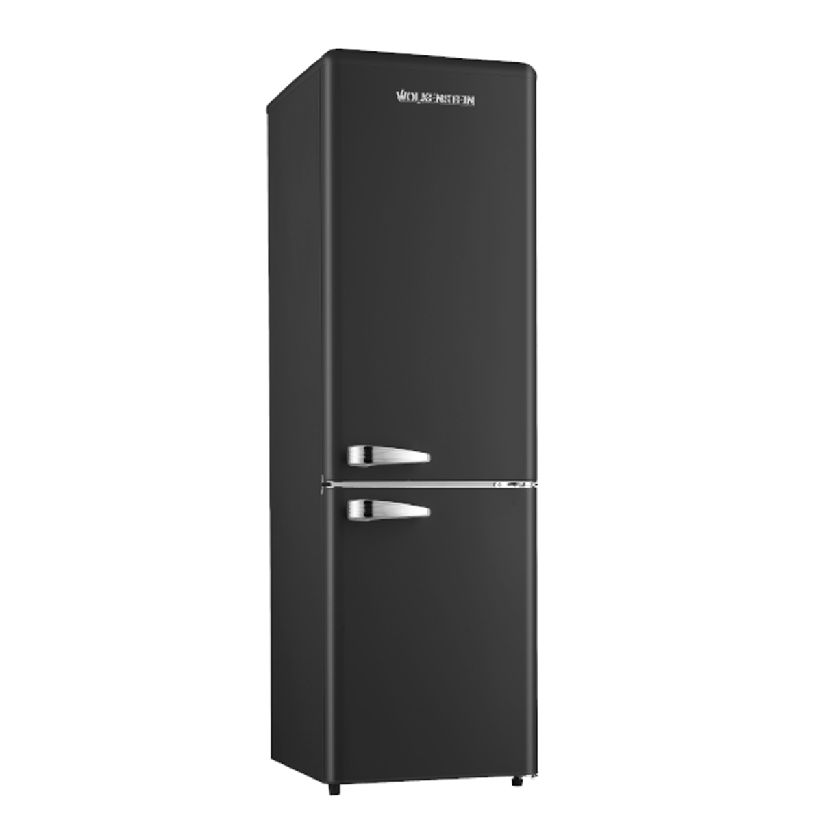Schwarzer Kühlschrank im Retro-Stil vor weißem Hintergrund.