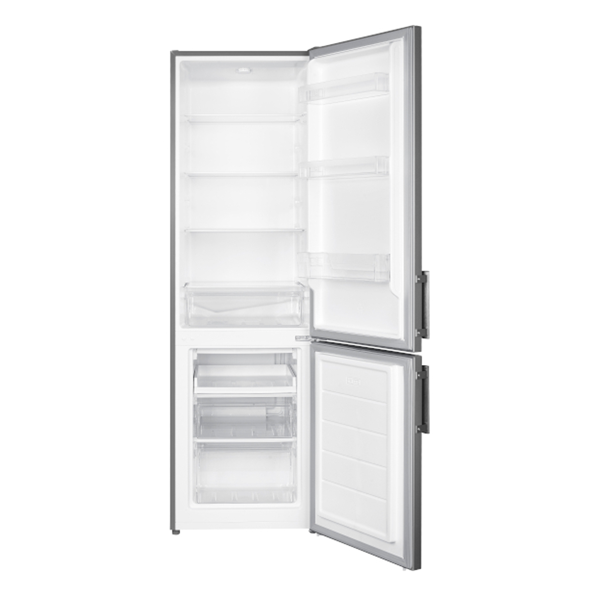 Ein leerer silberner Kühlschrank mit geöffneten Türen, die Regale und Schubladen zeigen.