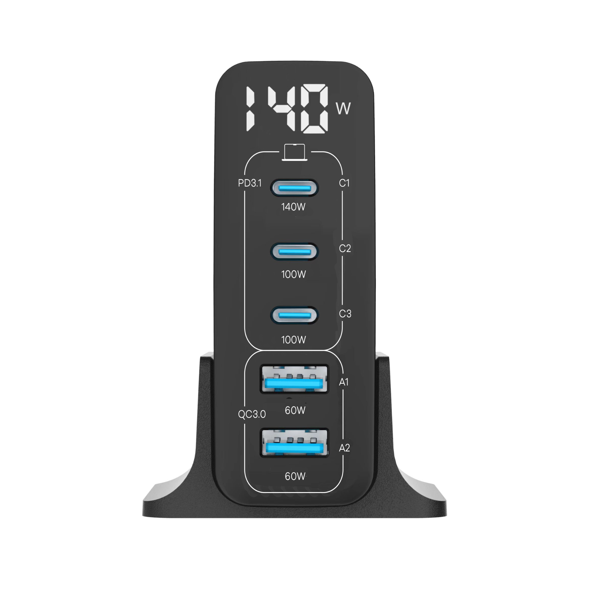Schwarze Ladestation mit mehreren USB-Anschlüssen, Digitalanzeige mit 140W und Logo.