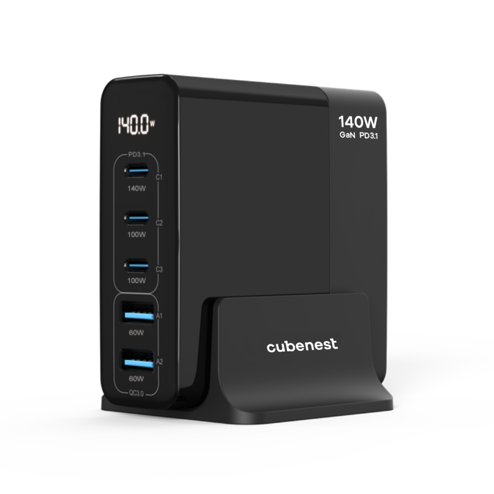 Ein schwarzer Netzadapter mit mehreren Anschlüssen und einem Digitaldisplay mit 140W Leistung.