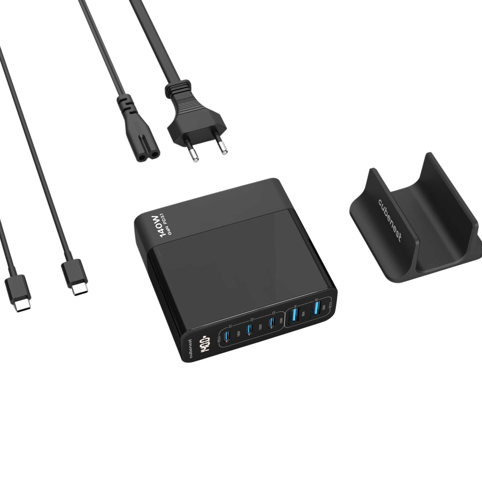 Schwarzer Netzadapter mit mehreren USB-Anschlüssen und Kabeln. Schwarzer Ständer.