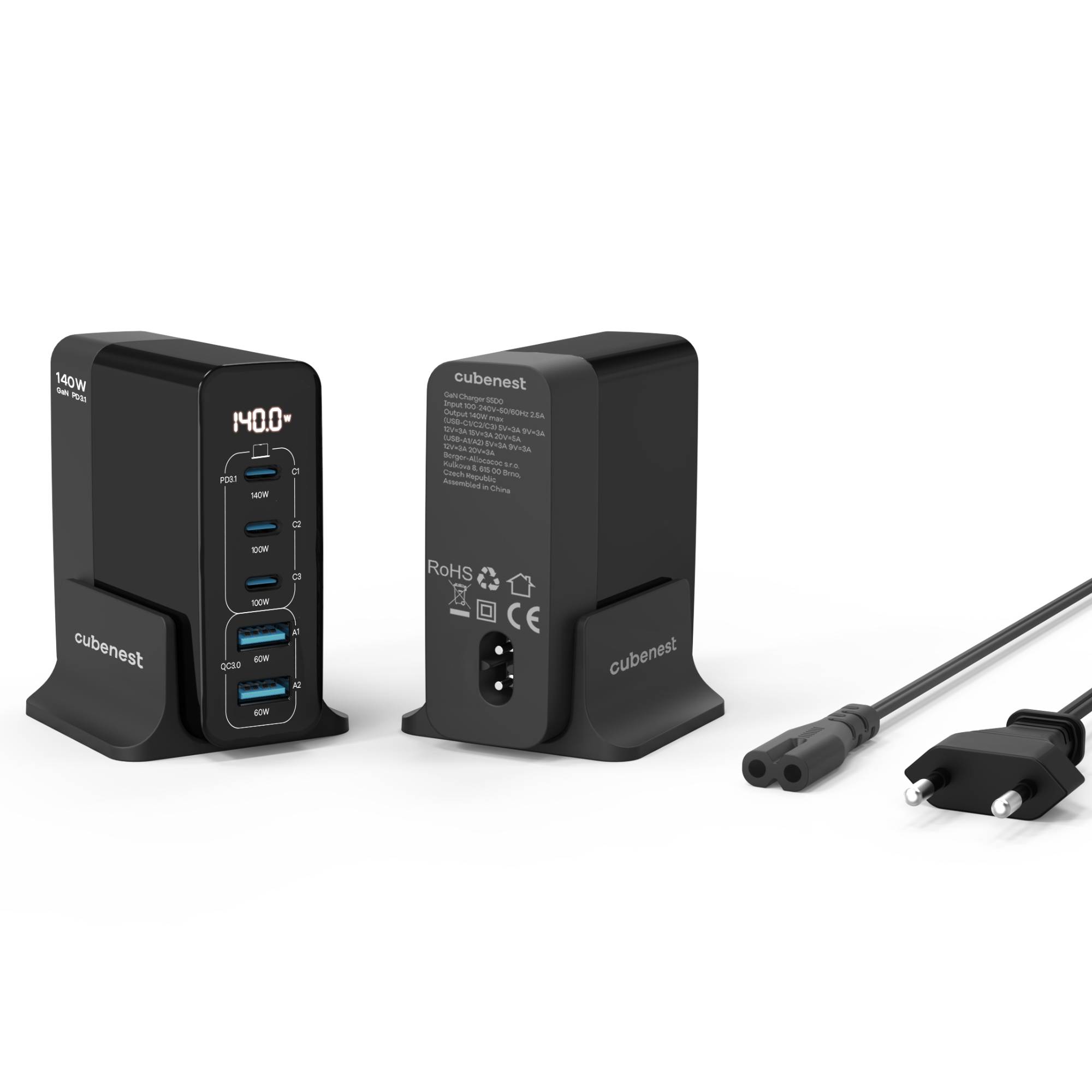 Schwarzer Netzadapter mit mehreren Anschlüssen und einem Netzkabel.