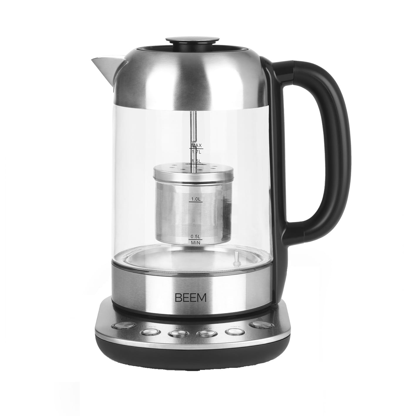 Ein Glas- und Edelstahl-Wasserkocher mit Tee-Infuser. Weißer Hintergrund.
