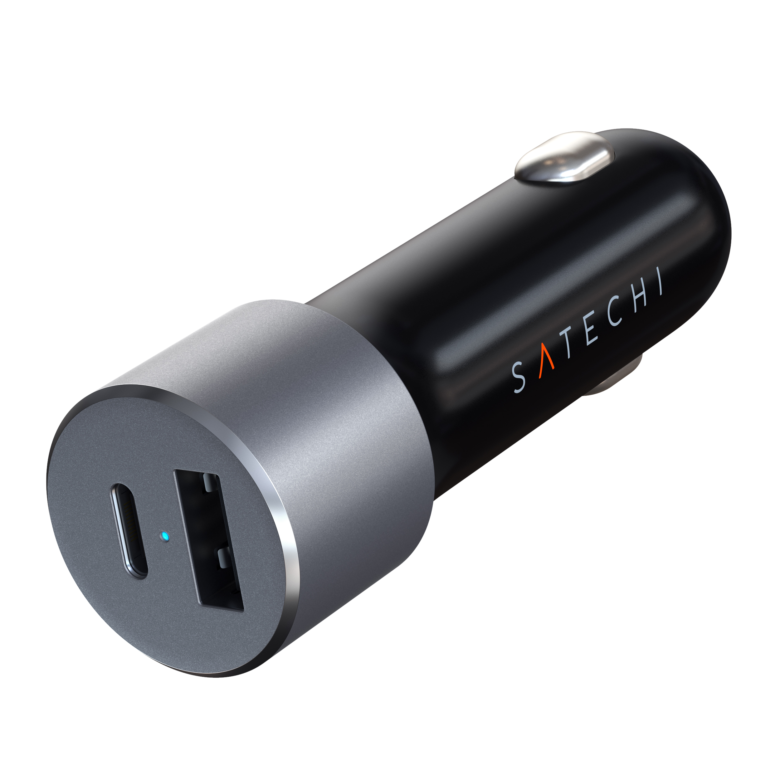 Caricatore per auto nero e argento con una porta USB-C e una porta USB.