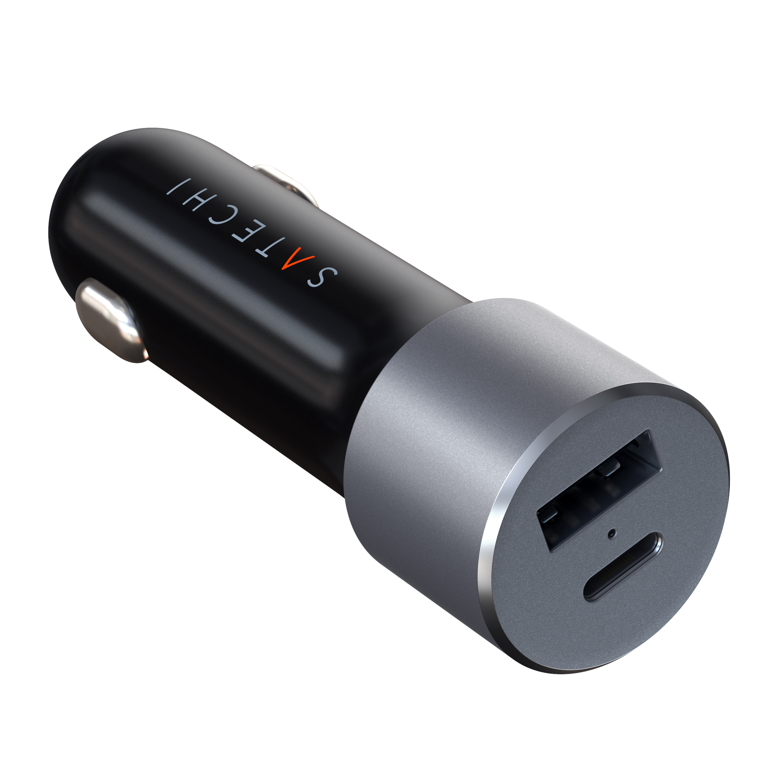 Caricabatterie per auto nero e argento con due porte USB. Il marchio Satechi è visibile.
