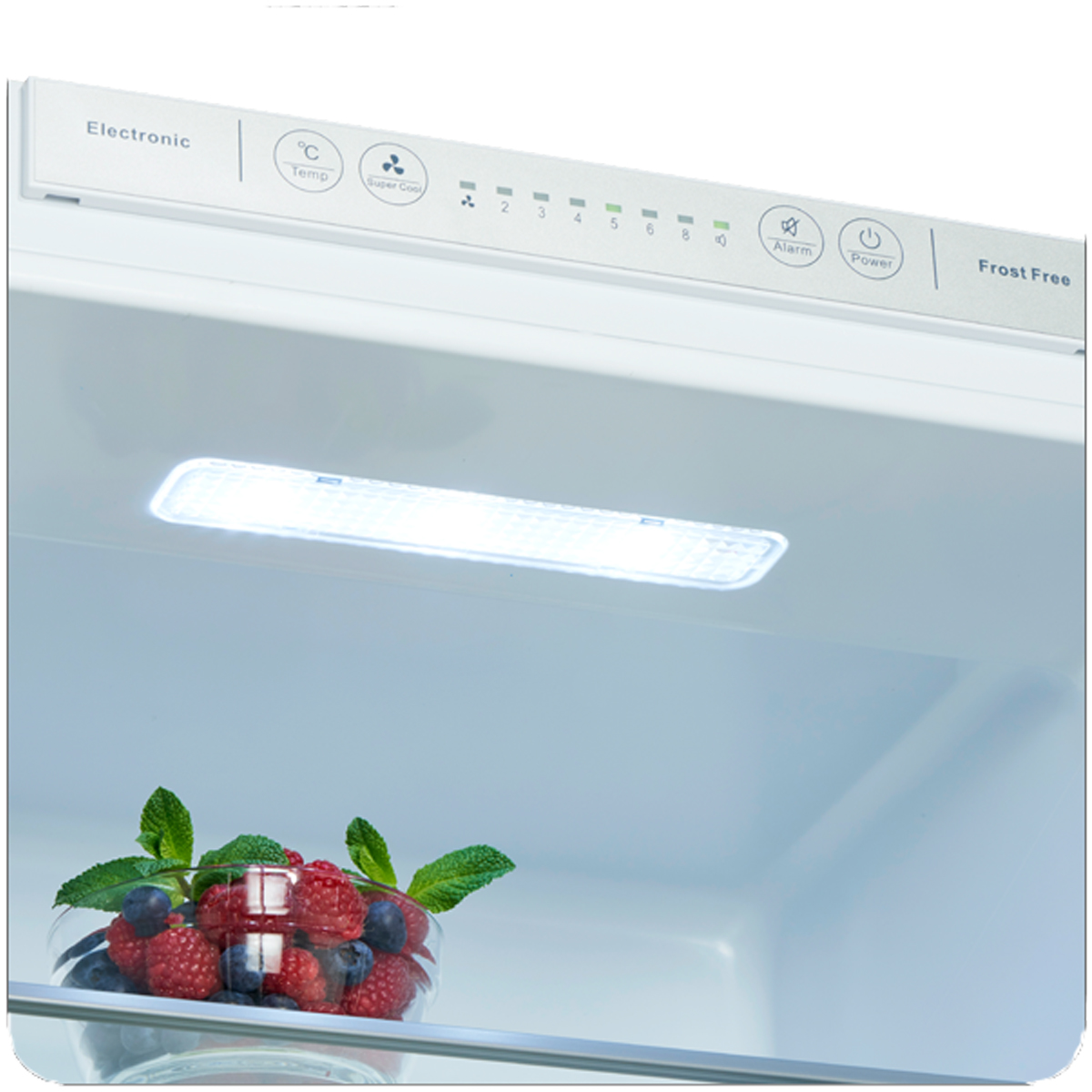 Ein Kühlschrankinnenraum mit einer Glasschale mit Beeren und einem hellen Deckenlicht.