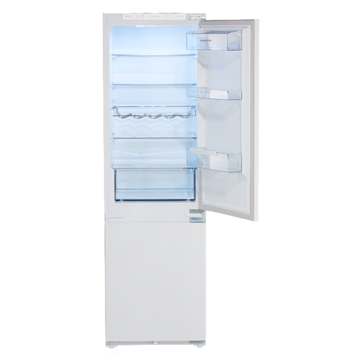 Weißer Kühlschrank, Tür offen, Innenregale und Schubladen.