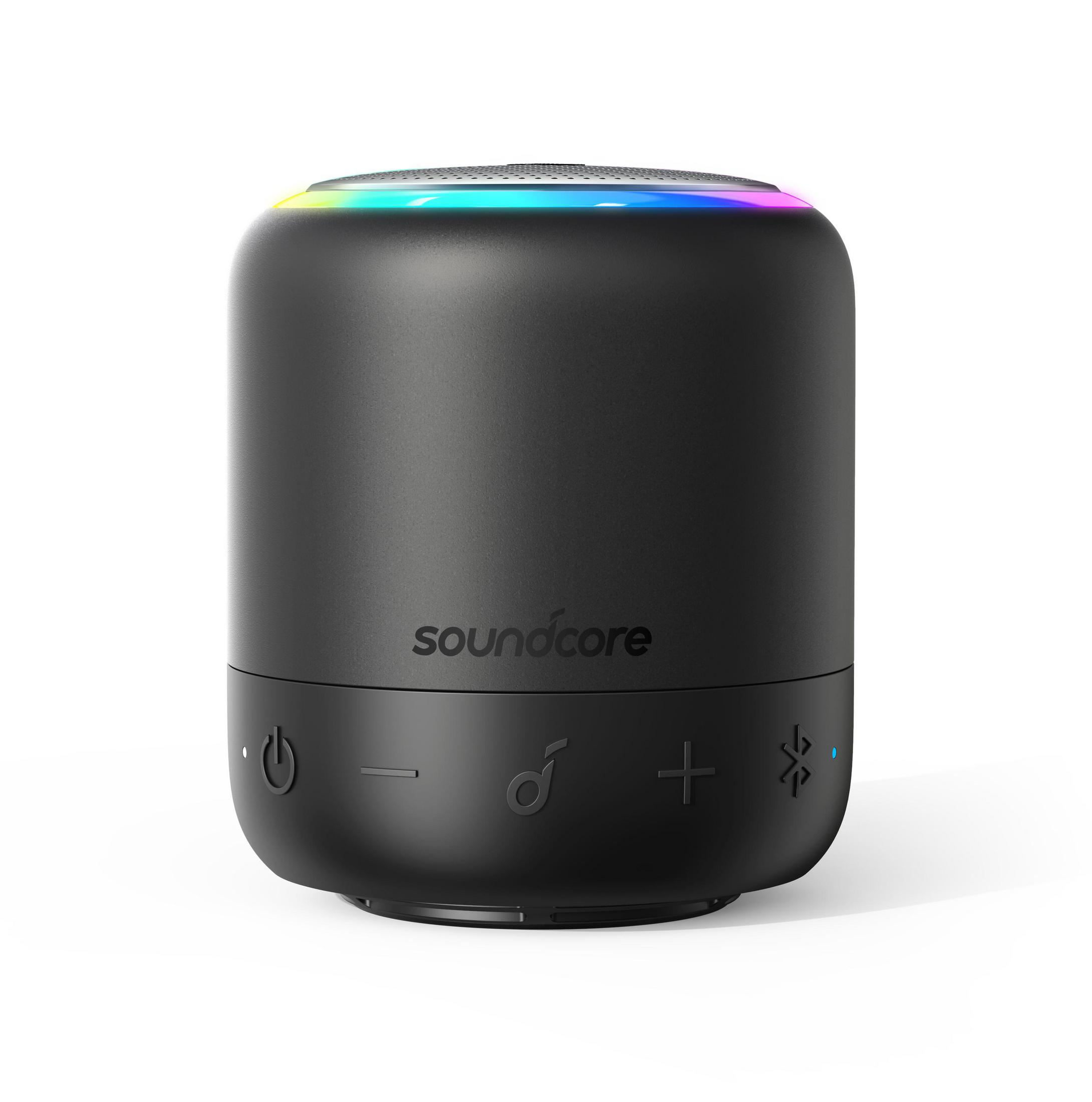 Un altoparlante nero cilindrico con pulsanti in basso e una parte superiore colorata. Il logo soundcore è visibile.