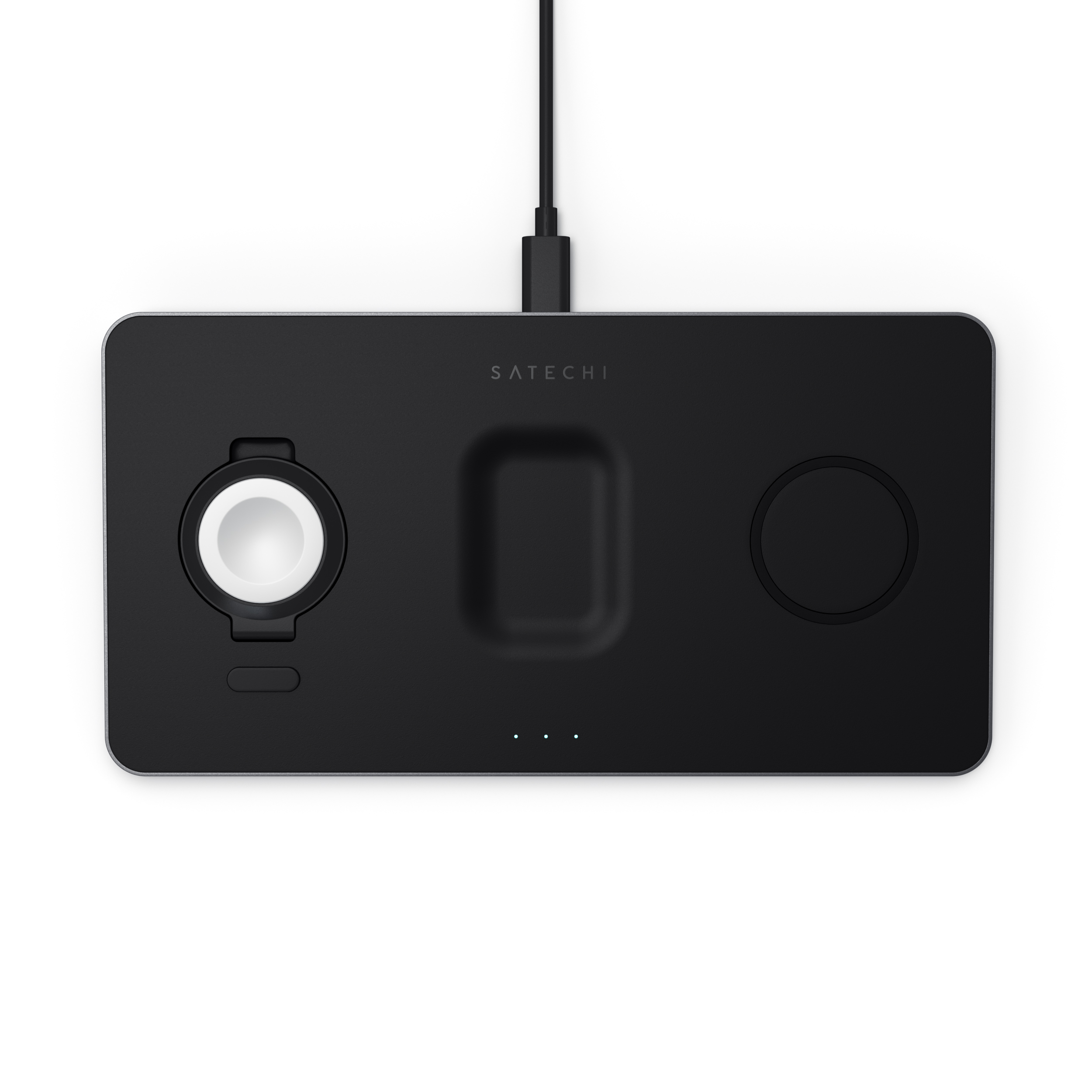Estación de carga negra con espacio para Apple Watch, AirPods y un área de carga Qi.