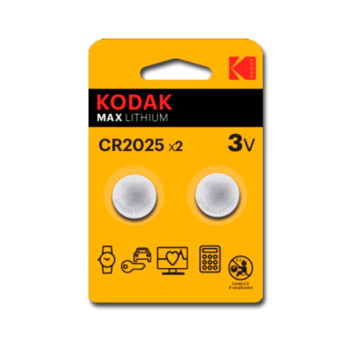 Gelb-schwarze Kodak-Batteriepackung mit zwei CR2025-Batterien.