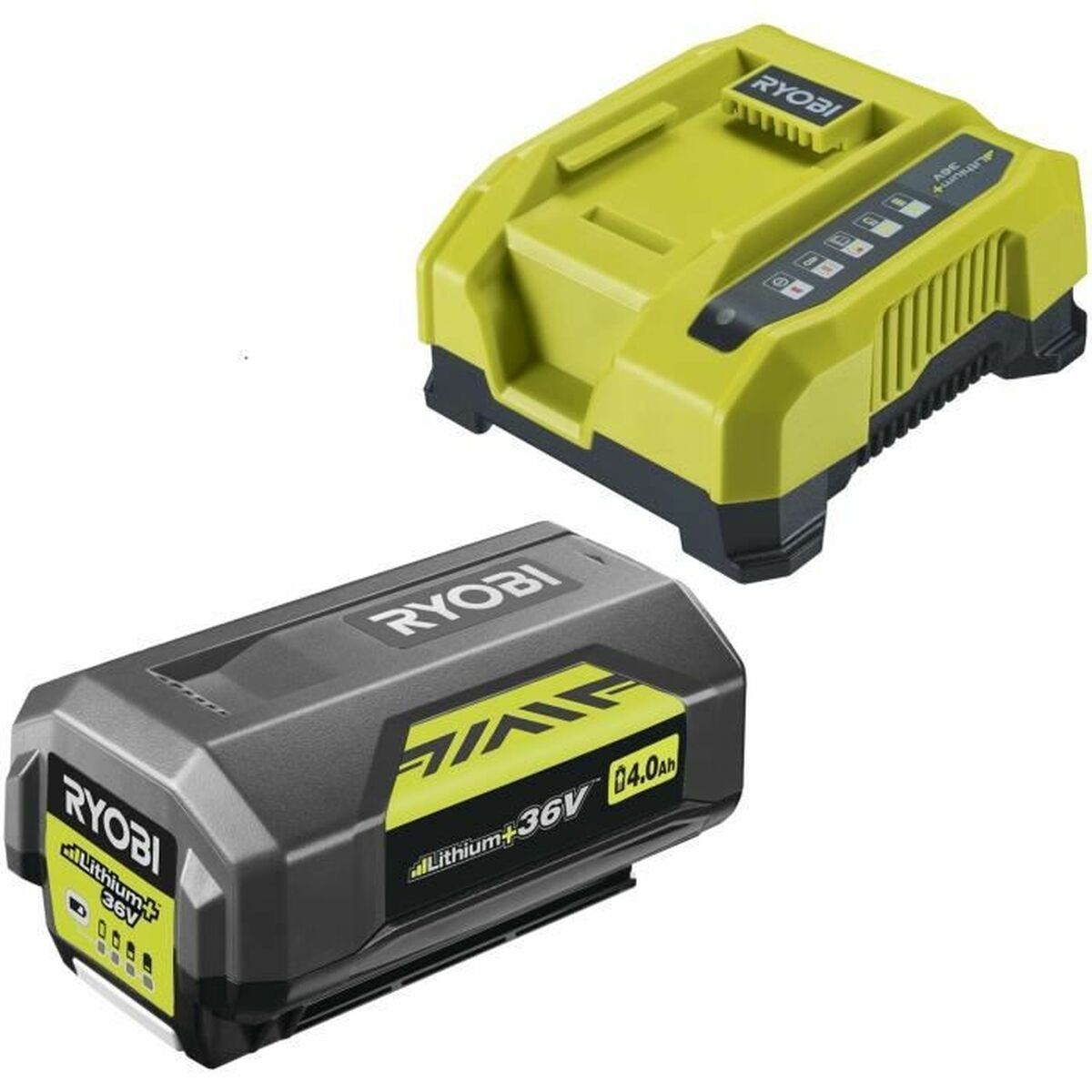 Ein gelber Ryobi-Ladegerät und ein grauer Ryobi-Akku auf weißem Hintergrund.