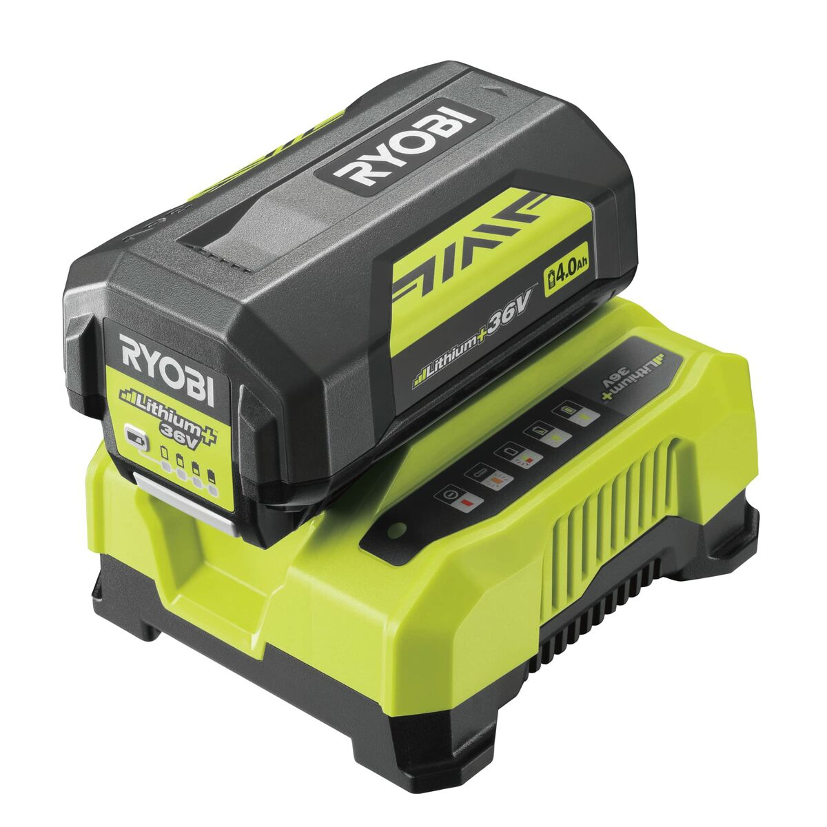 Ein grünes und schwarzes Ryobi 36V Lithium+ 4.0Ah Ladegerät mit Akku.