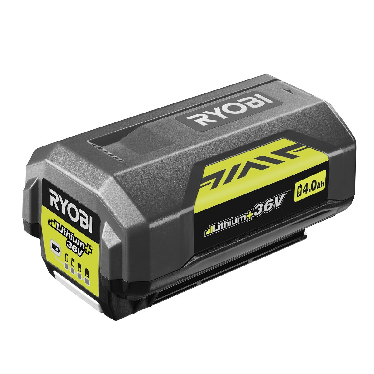 Ein grauer Ryobi Lithium+ 36V 4.0Ah Akku mit gelben Akzenten.