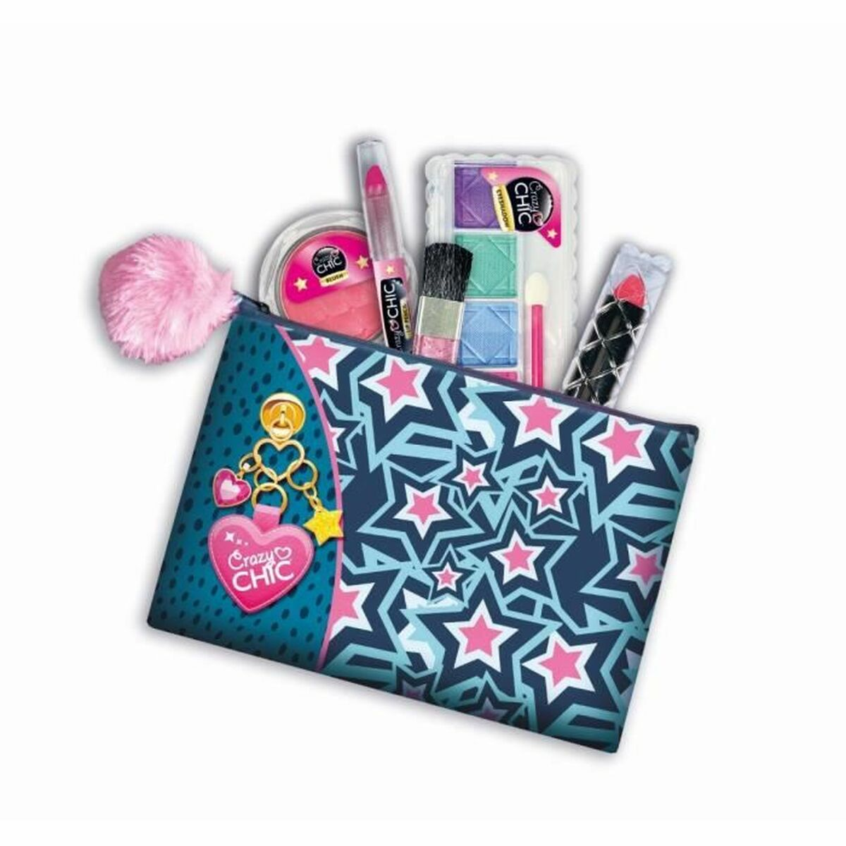 Pochette trucco con prodotti: ombretto, fard, rossetto, pennelli e un pompon.