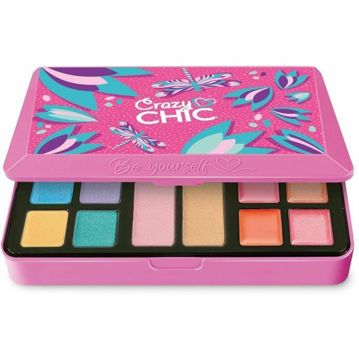 Eine offene, pinkfarbene Make-up-Palette mit verschiedenen bunten Lidschatten und Designs.