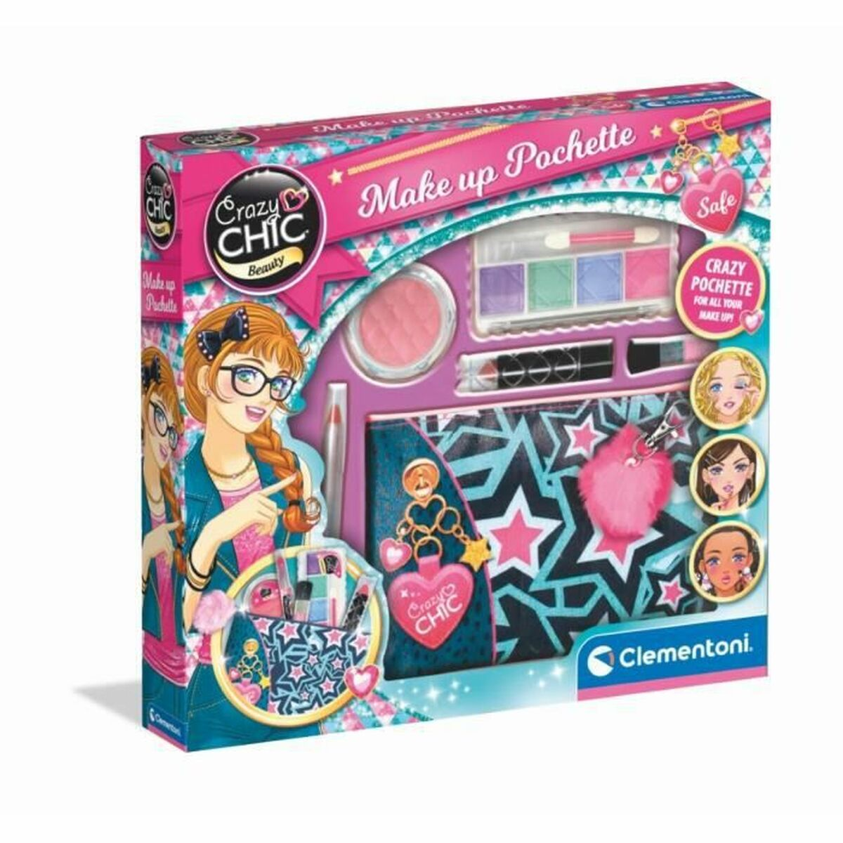 Scatola del kit di trucco. La scatola mostra una ragazza con gli occhiali e un set di trucchi con borsa e accessori.