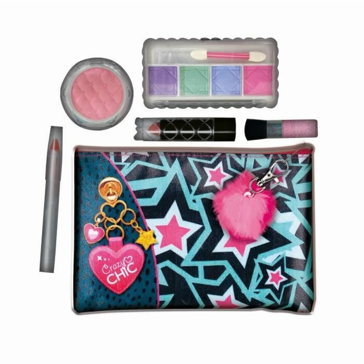 Un kit di trucco con vari articoli come fard, ombretto e rossetto.