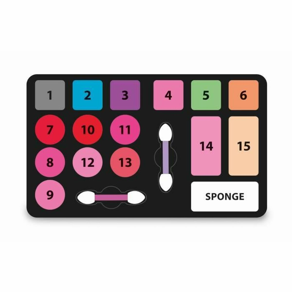 Palette di trucco con colori di ombretti numerati e applicatori. Sfondo nero.