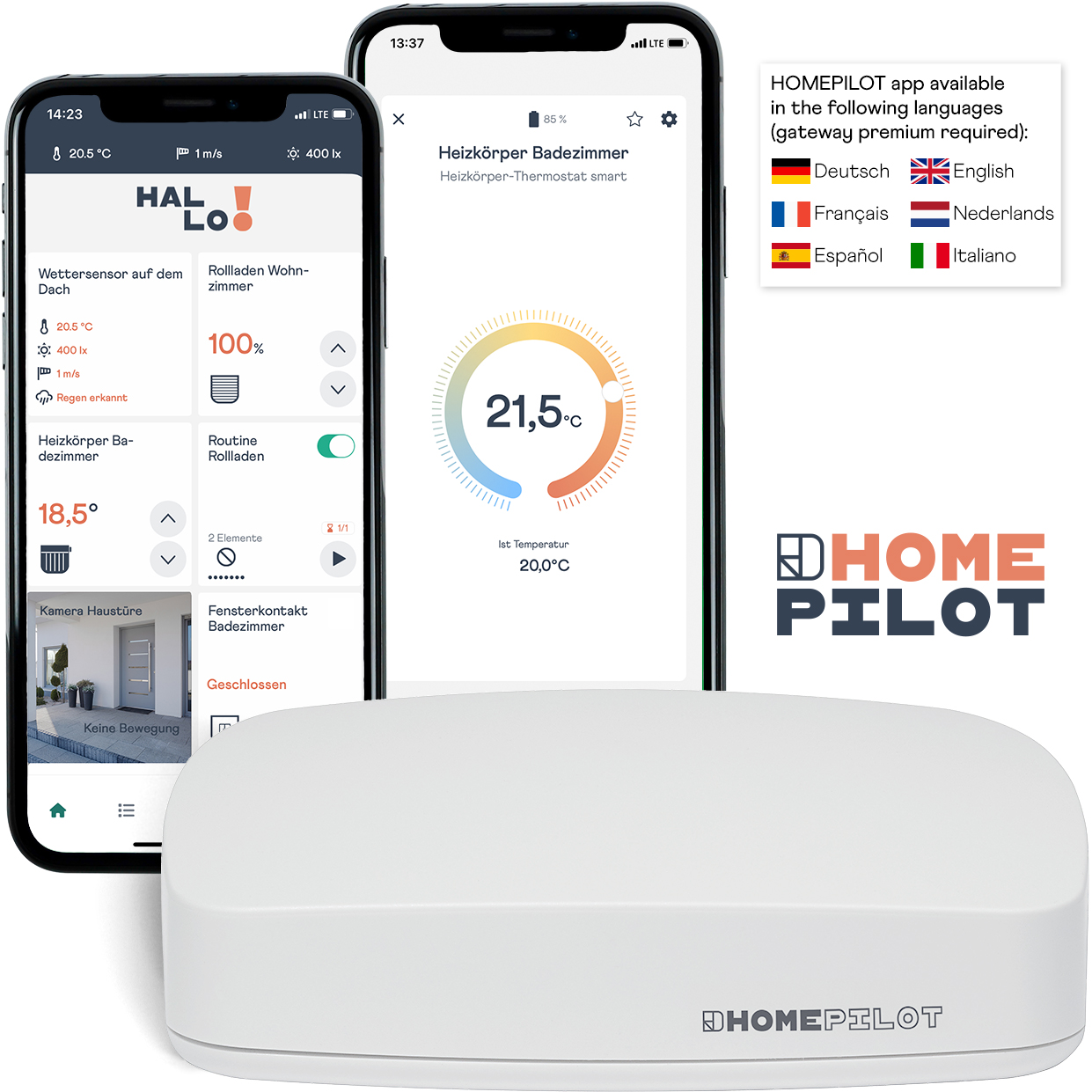 Zwei Telefone, die die HomePilot-App anzeigen. Smart-Home-Setup.