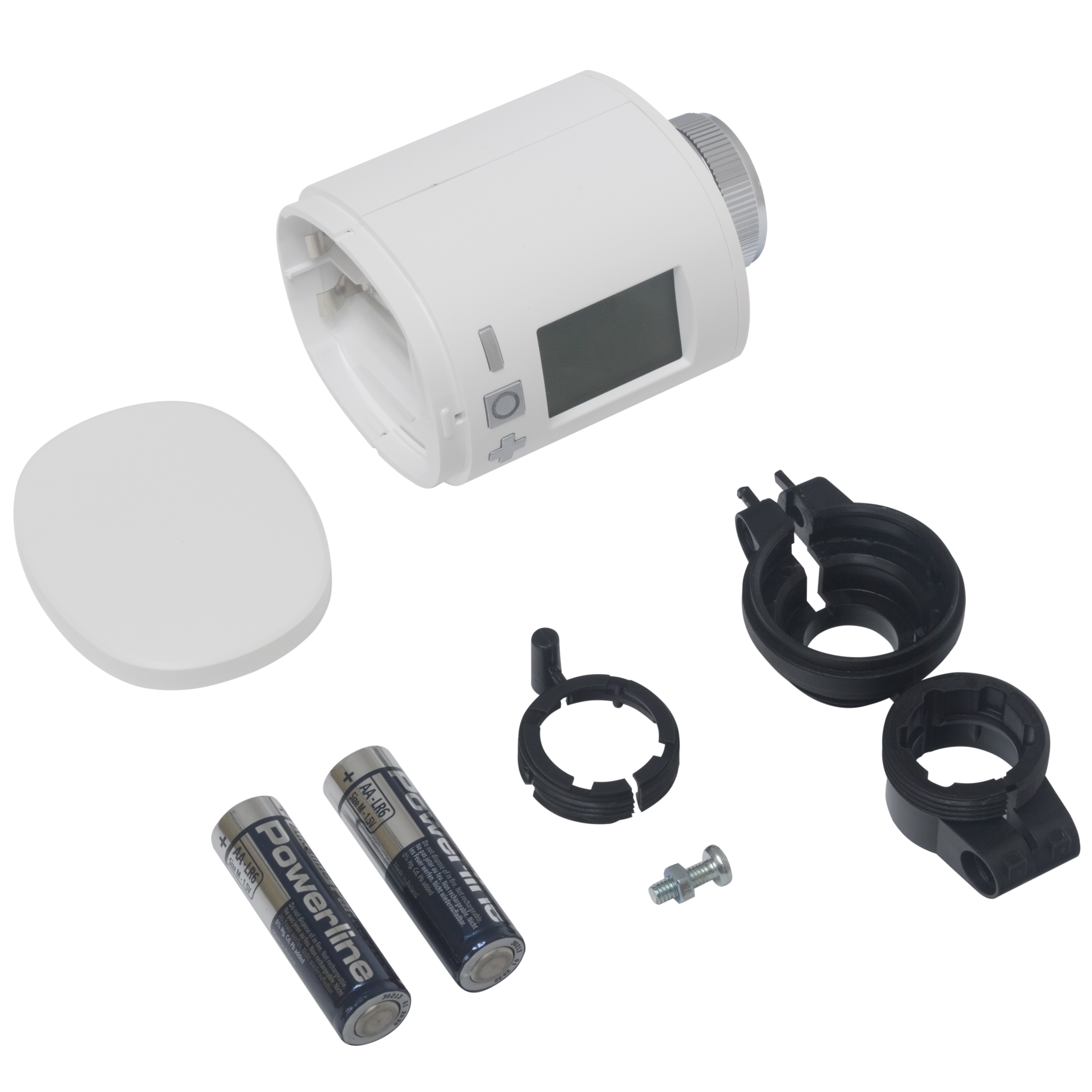 Weißes Thermostat und Komponenten auf weißer Oberfläche. Enthält Batterien und Montageteile.