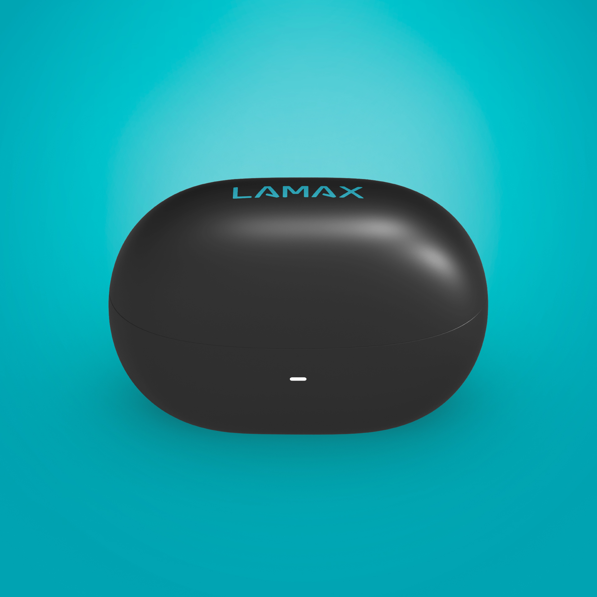 Ein schwarzes kabelloses Ohrhörergehäuse mit einem blauen LAMAX-Logo auf türkisfarbenem Hintergrund.