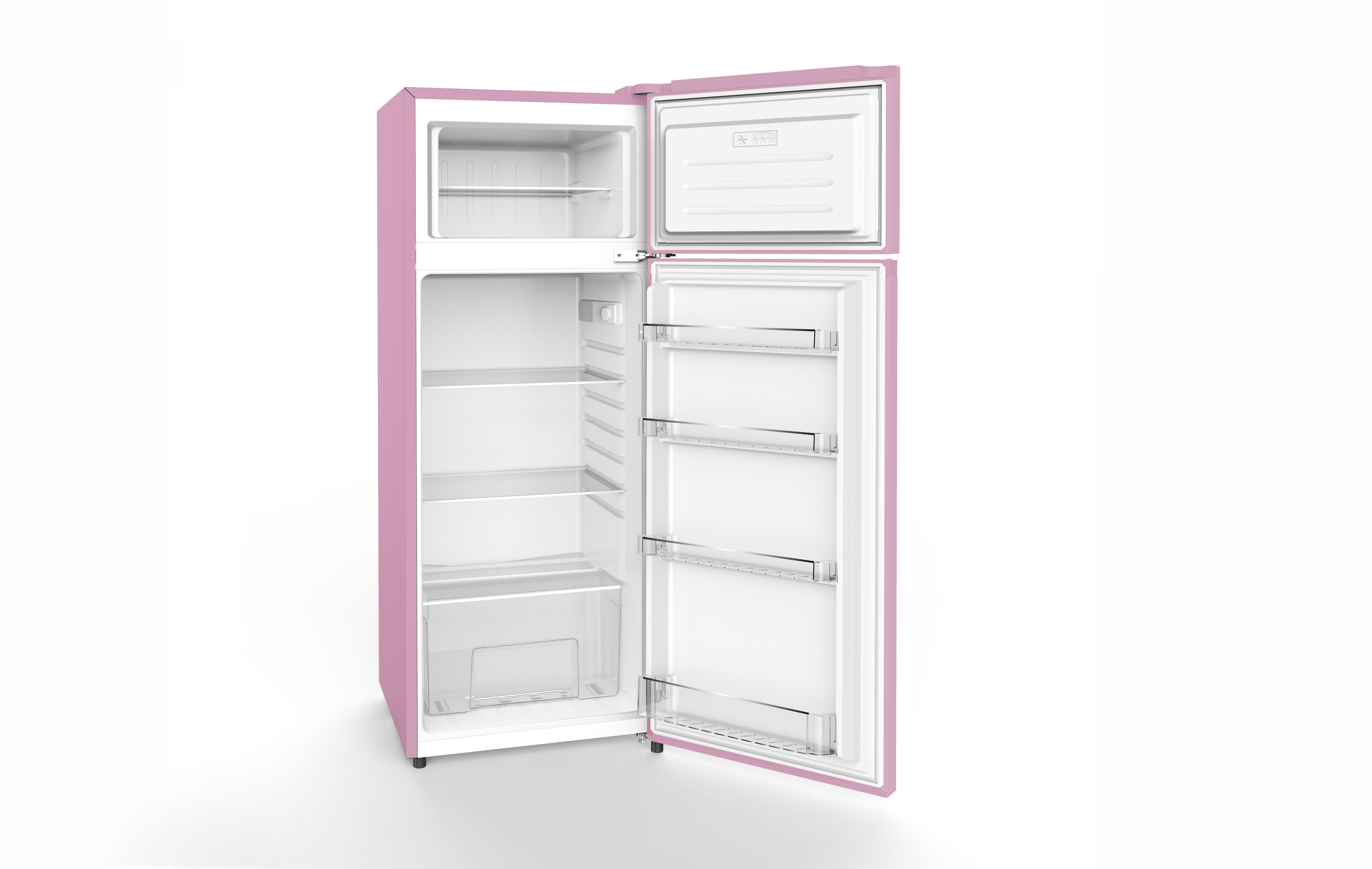Rosa Kühlschrank, geöffnet, mit Regalen, Schubladen und Innenraum. Weißer Hintergrund.
