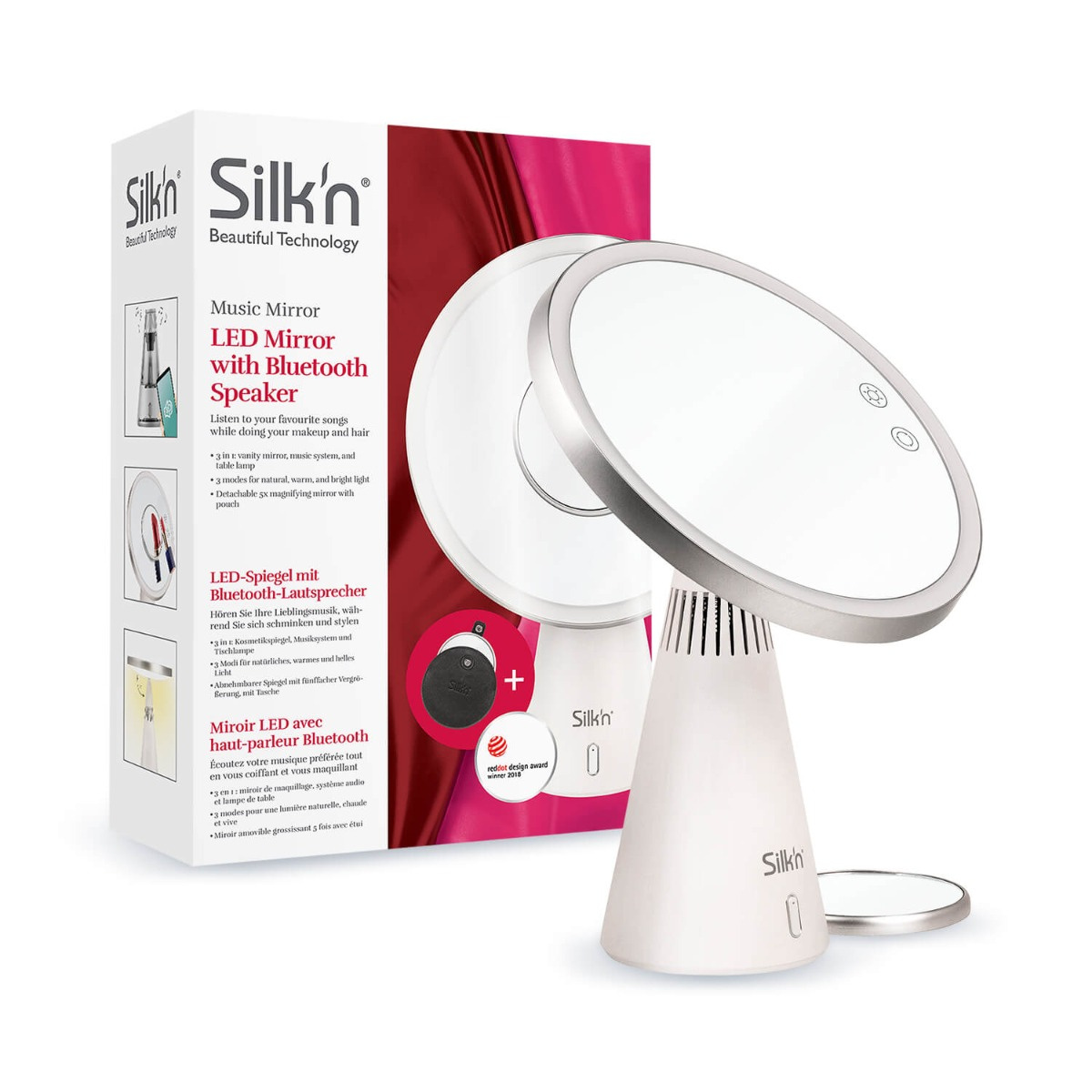 SILK\'N Music Mirror - Bluetooth-Lautsprecher LED-Spiegel mit Weiß Kosmetikspiegel