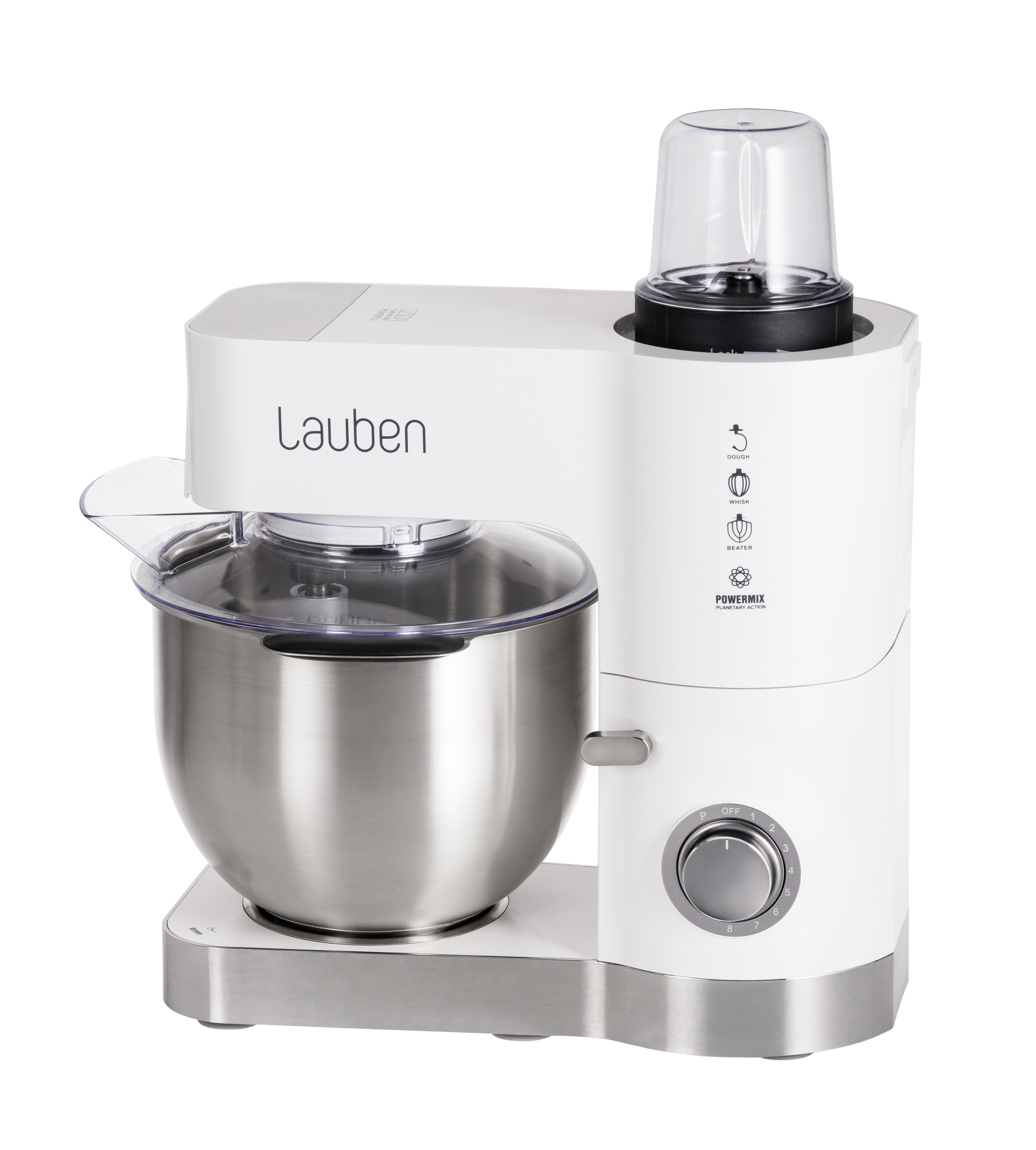Weißer Küchen-Foodprozessor mit Edelstahl-Schüssel und Mixer.