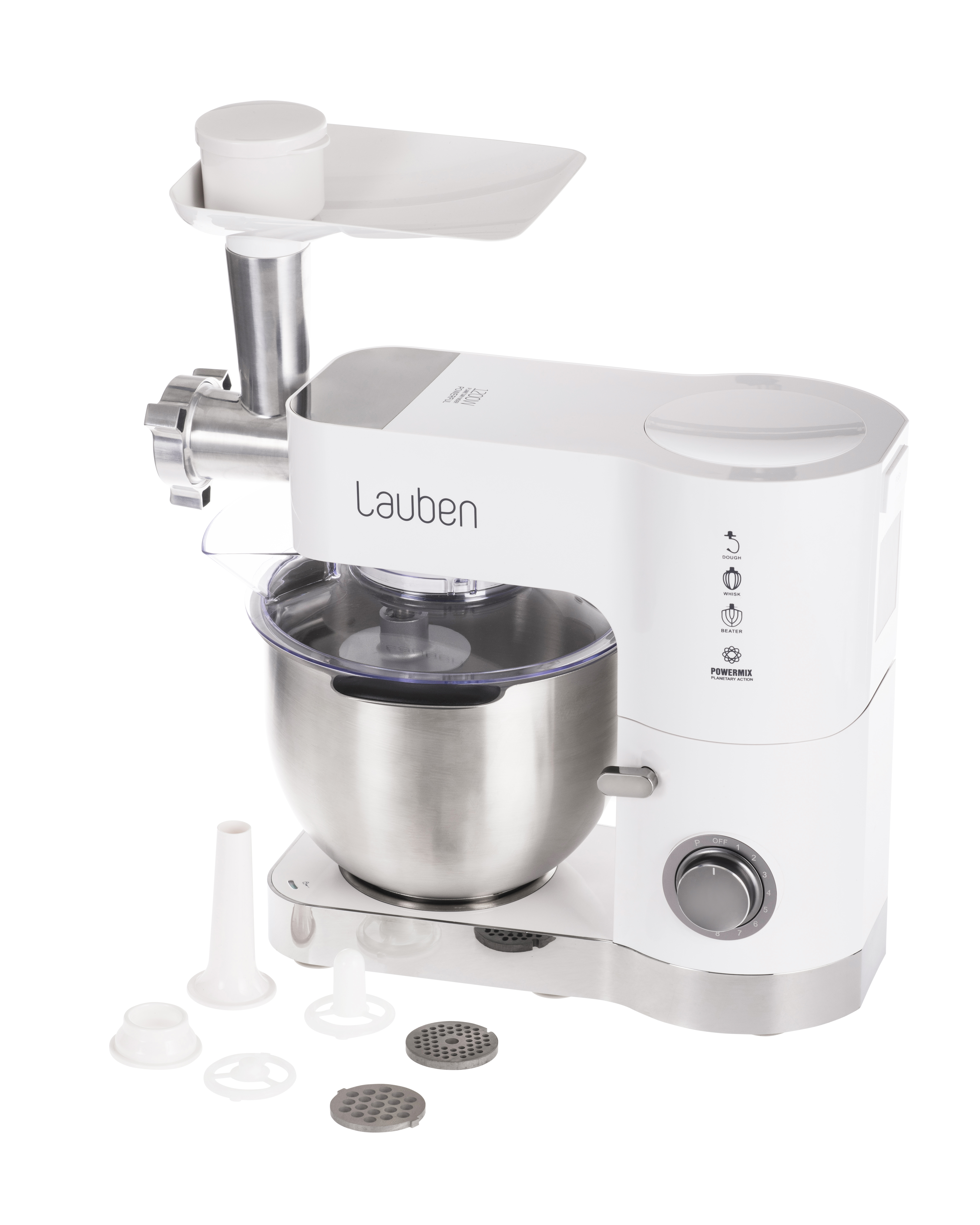 Robot da cucina Lauben bianco e argento con accessori, ciotola in acciaio e vari accessori.