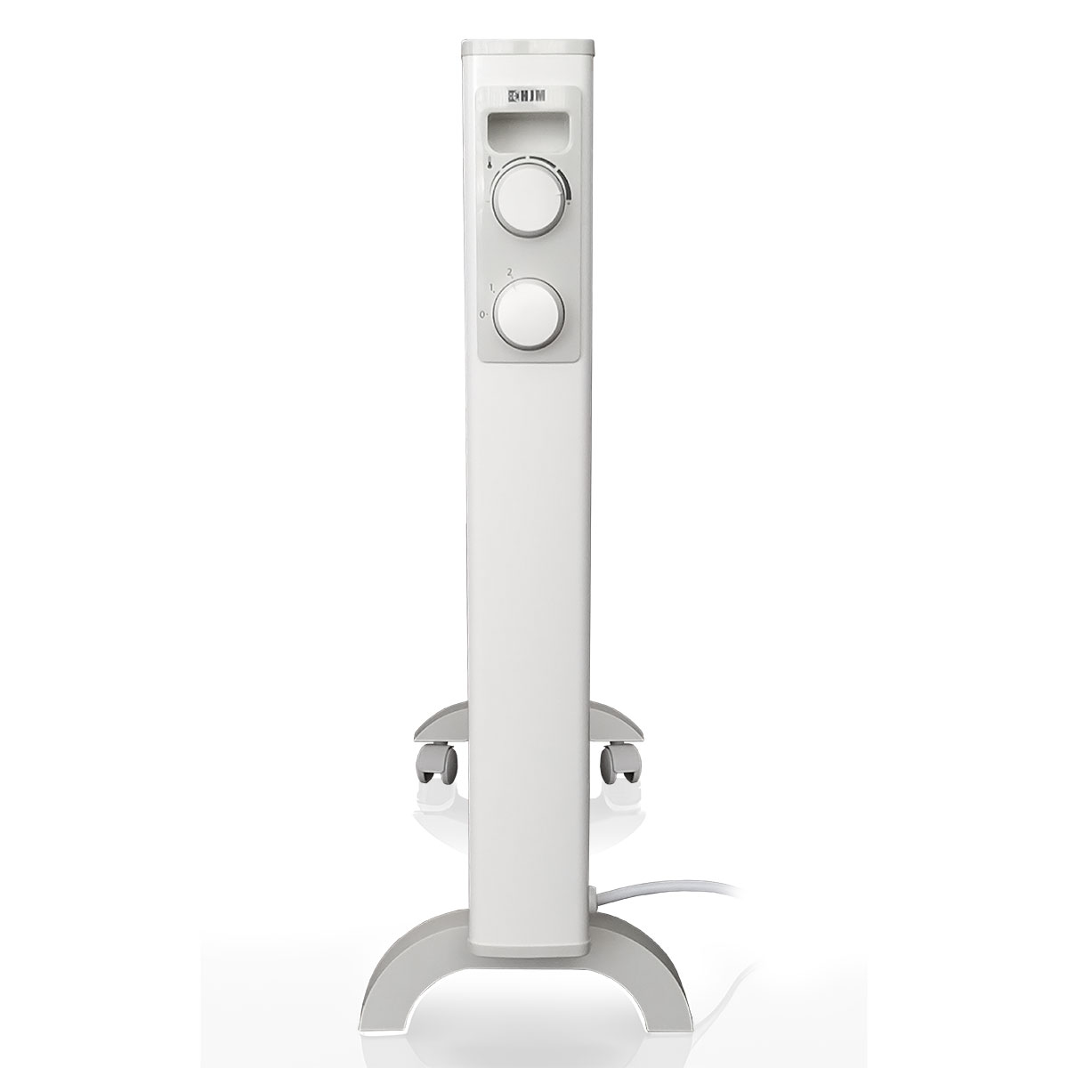 Un calefactor eléctrico blanco con dos perillas de control, montado en un soporte con ruedas, sobre fondo blanco.