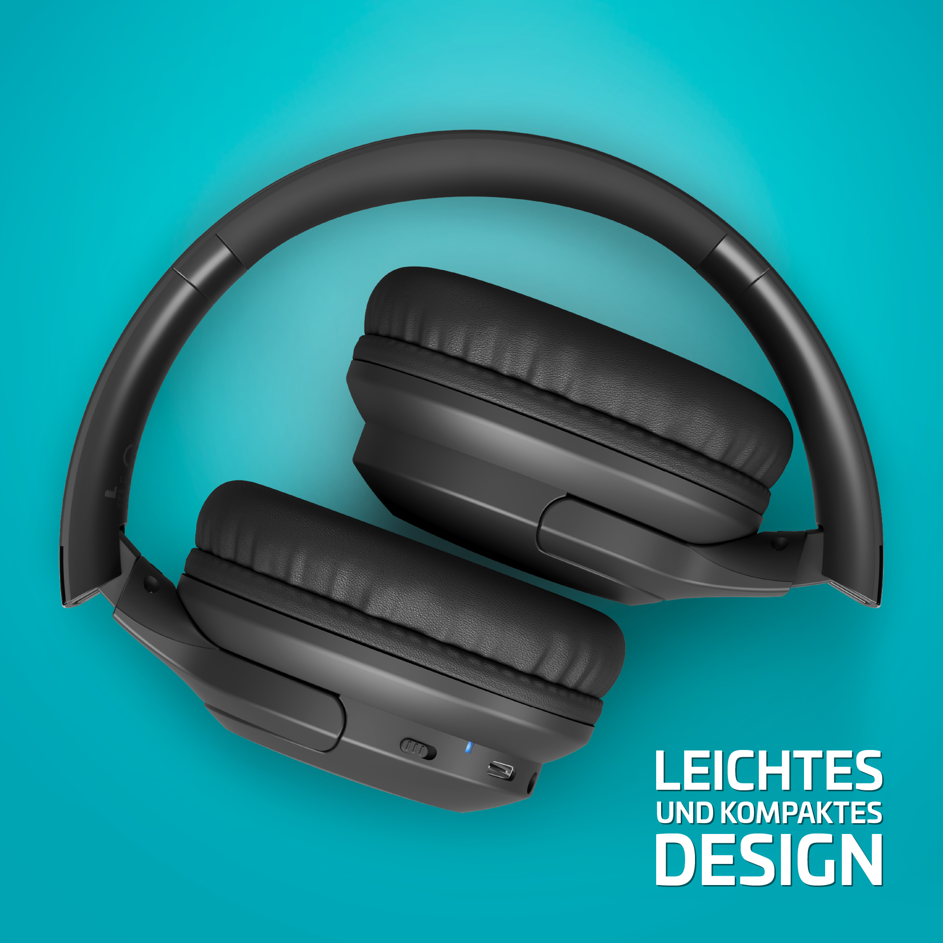 Cuffie nere chiuse. Testo: LEICHTES UND KOMPAKTES DESIGN su sfondo verde acqua.