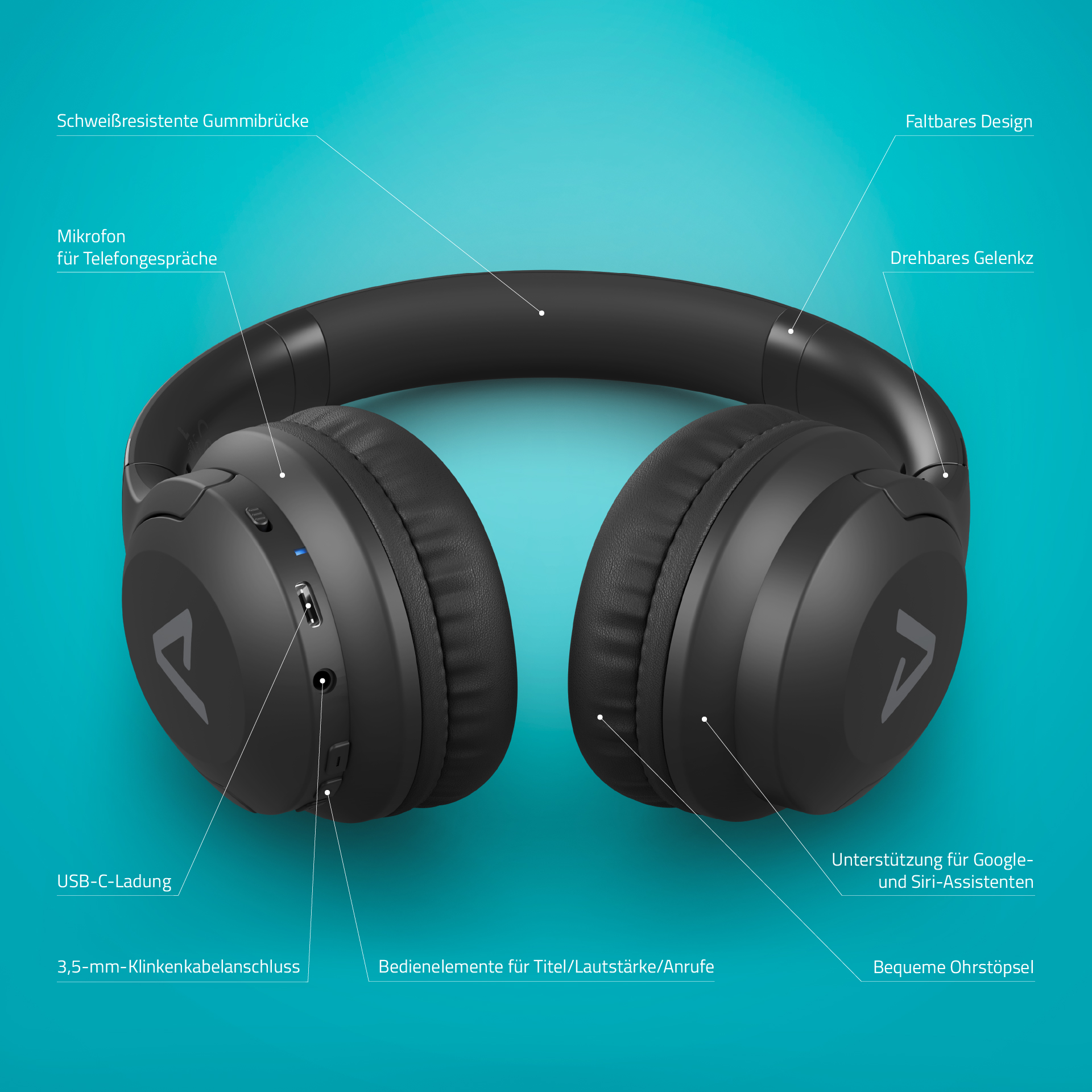 Cuffie nere con annotazioni: USB-C, jack da 3,5 mm, controlli e design pieghevole.