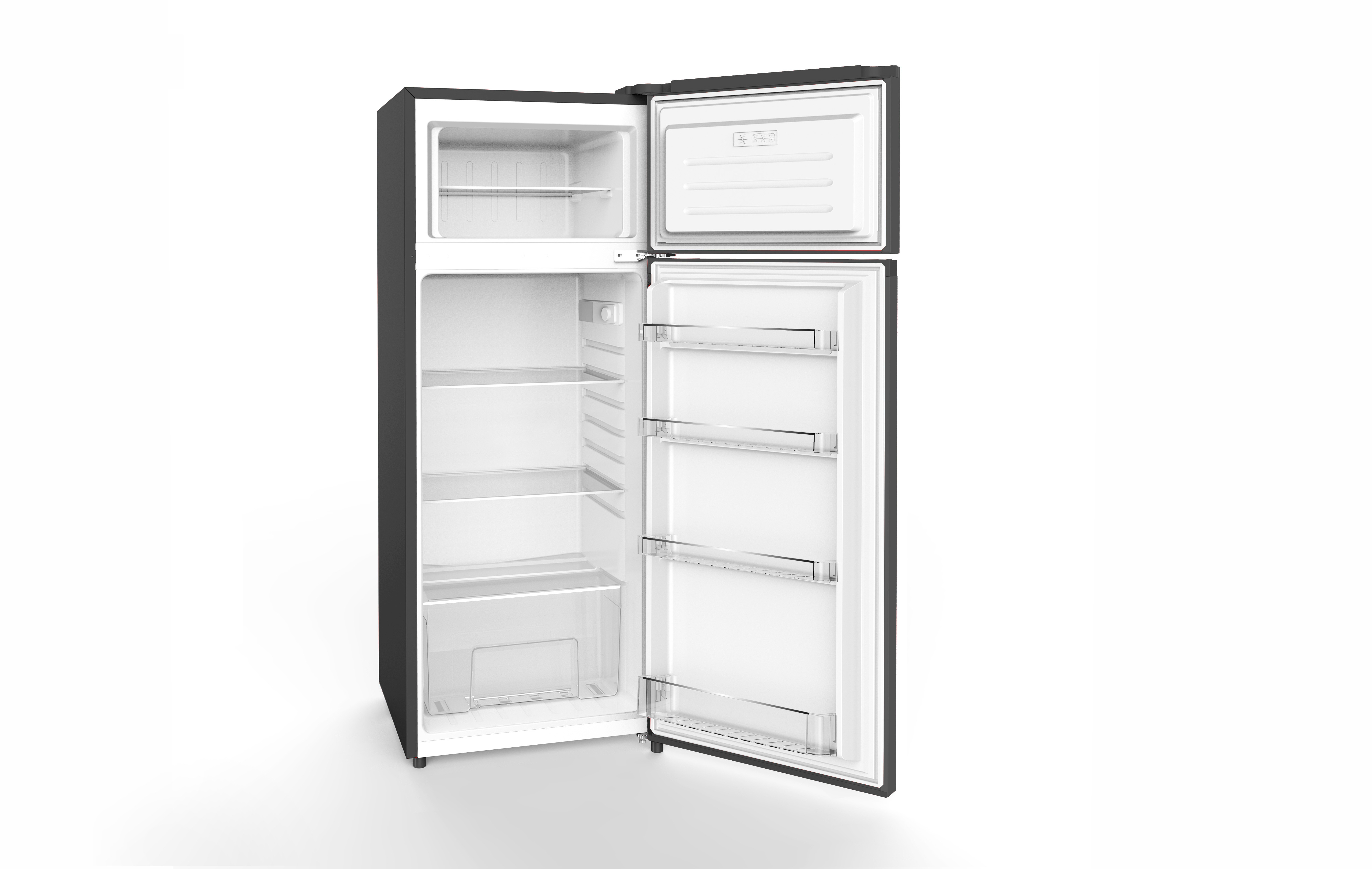 Schwarzer Kühlschrank mit offenen Türen, Regale und Fächer, weißes Innere.