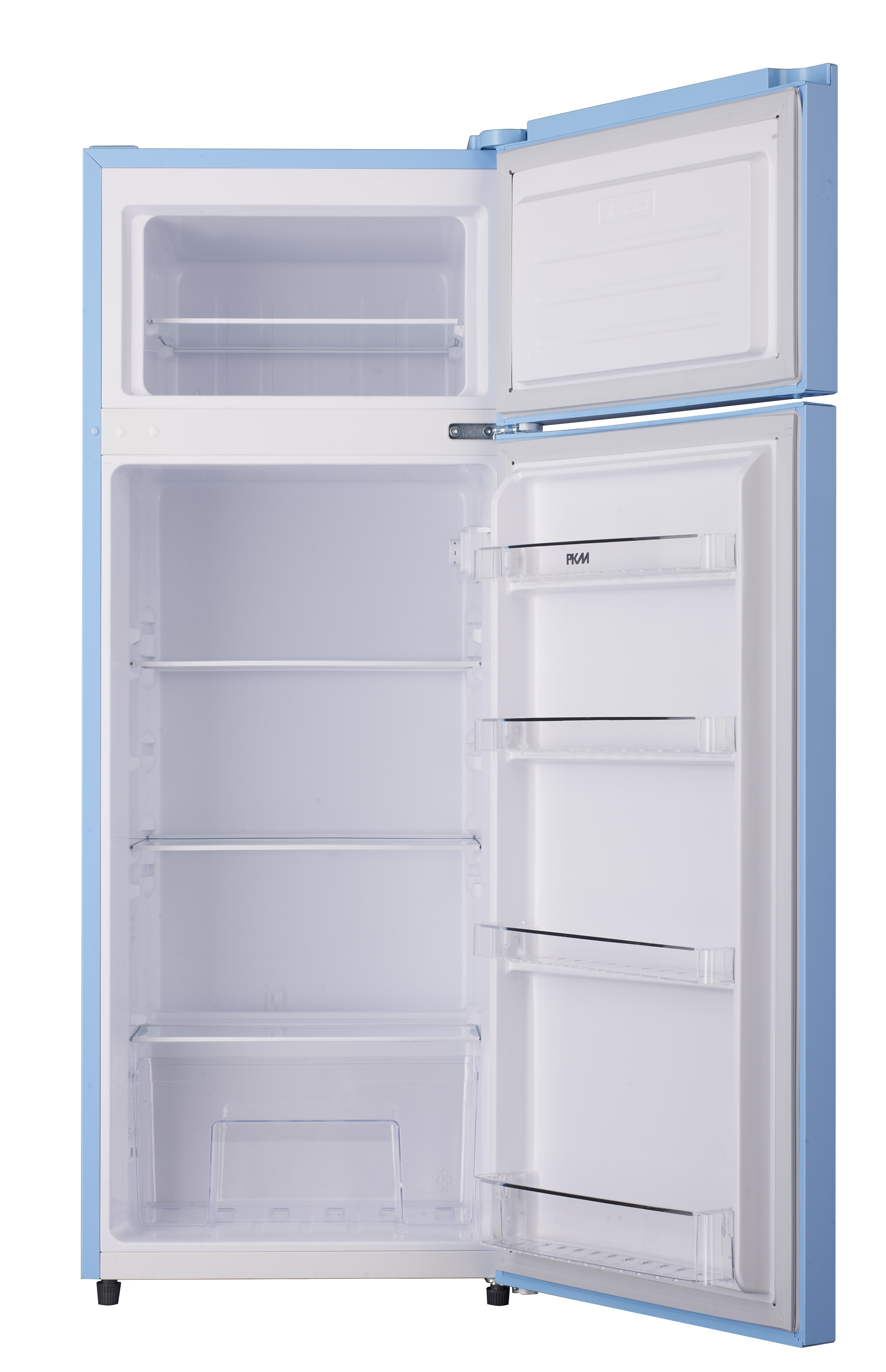 Blauer Kühlschrank mit offenen Türen, mit Regalen und Fächern.