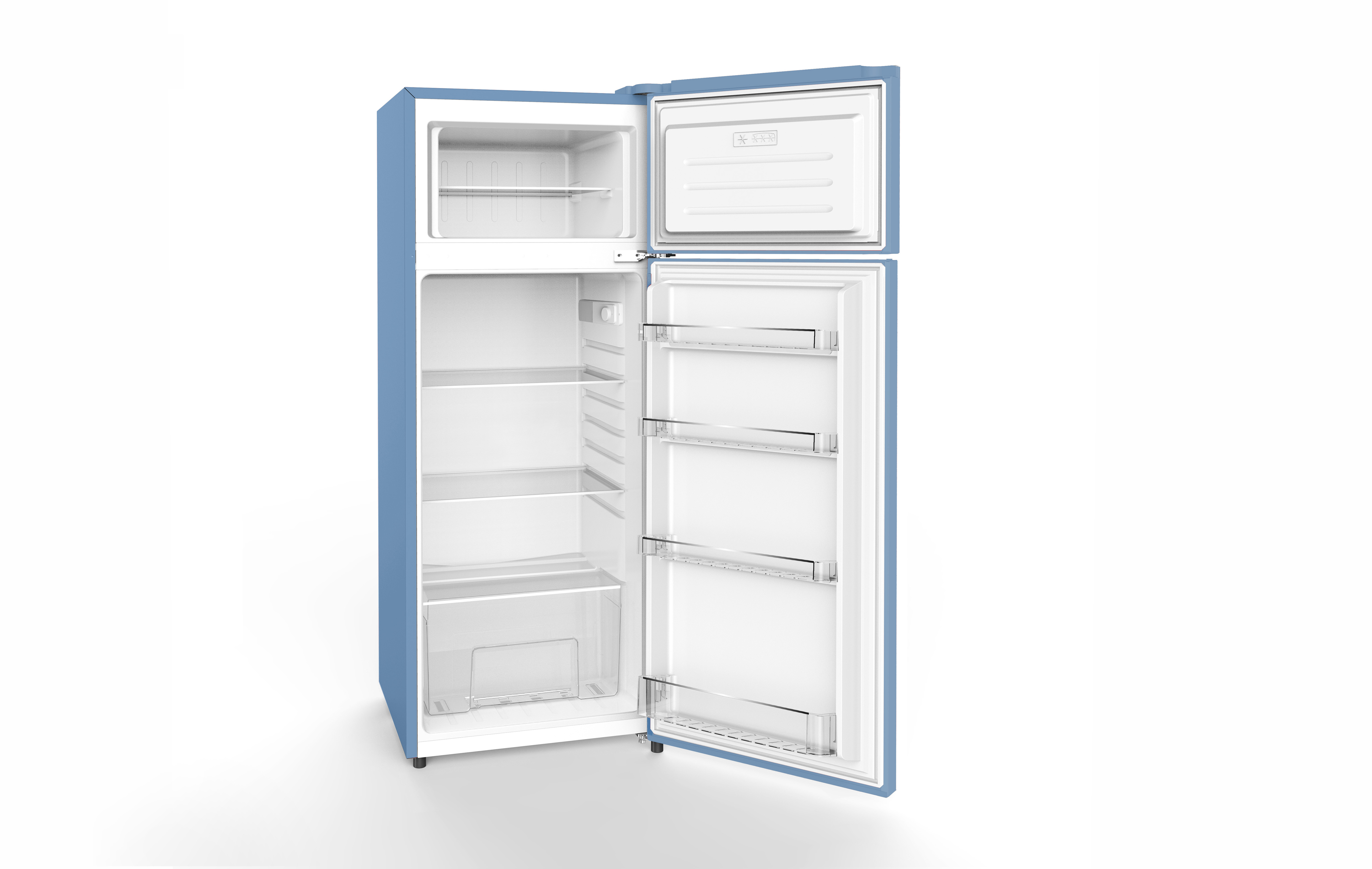 Blauer Kühlschrank mit offener Tür, zeigt Regale und Fächer, vor weißem Hintergrund.