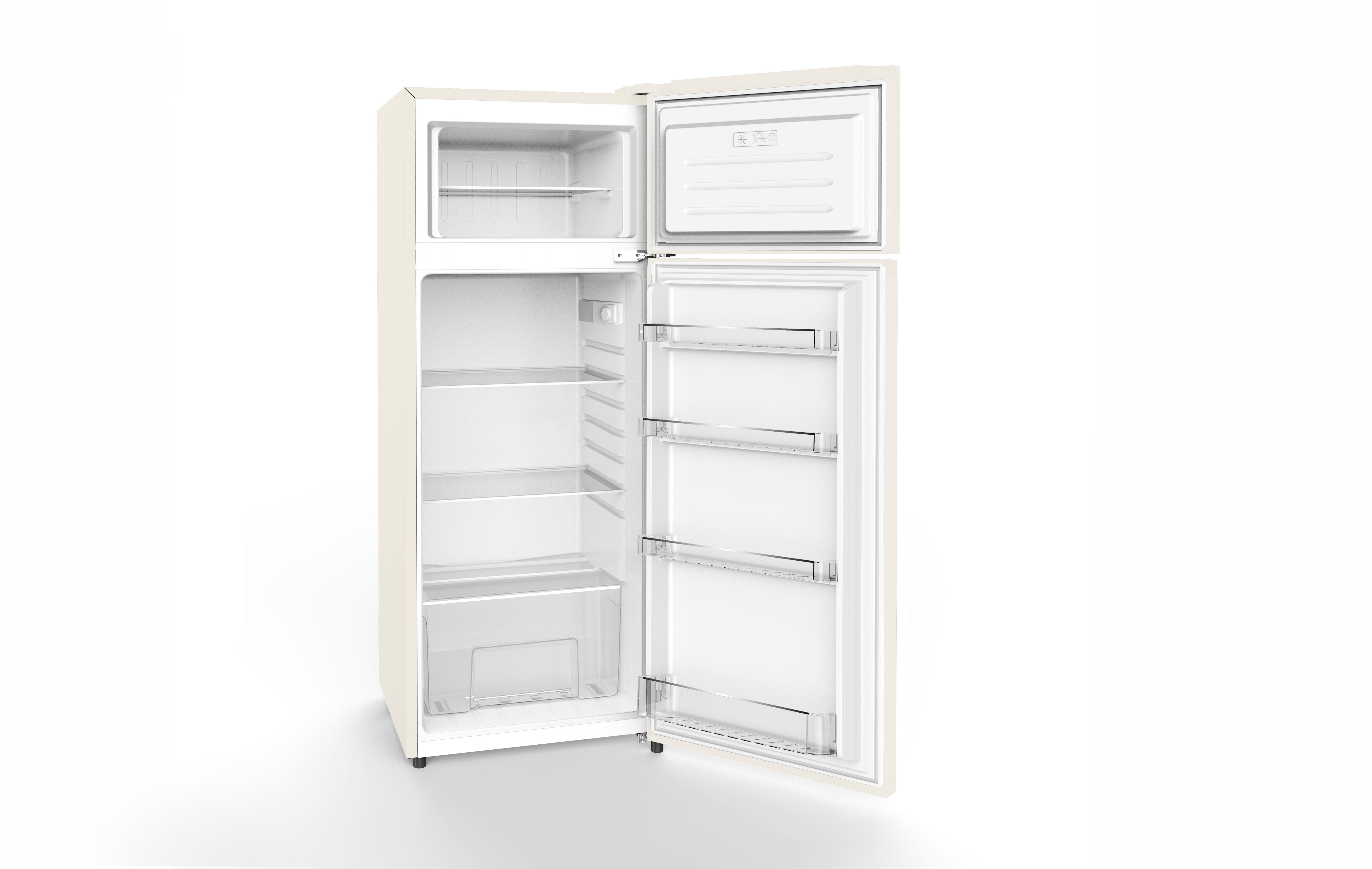 Ein cremefarbener Kühlschrank mit geöffneter Tür, der den Innenraum zeigt.