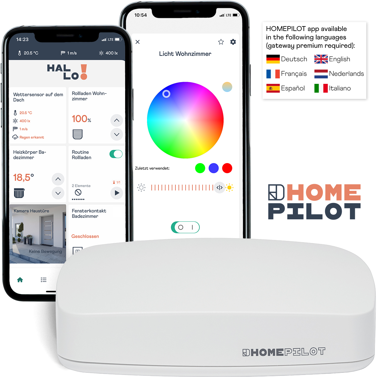 Smart Home Setup mit zwei Handys und einem weißen Gerät. Bildschirme zeigen App-Funktionen. HomePilot-Logo.