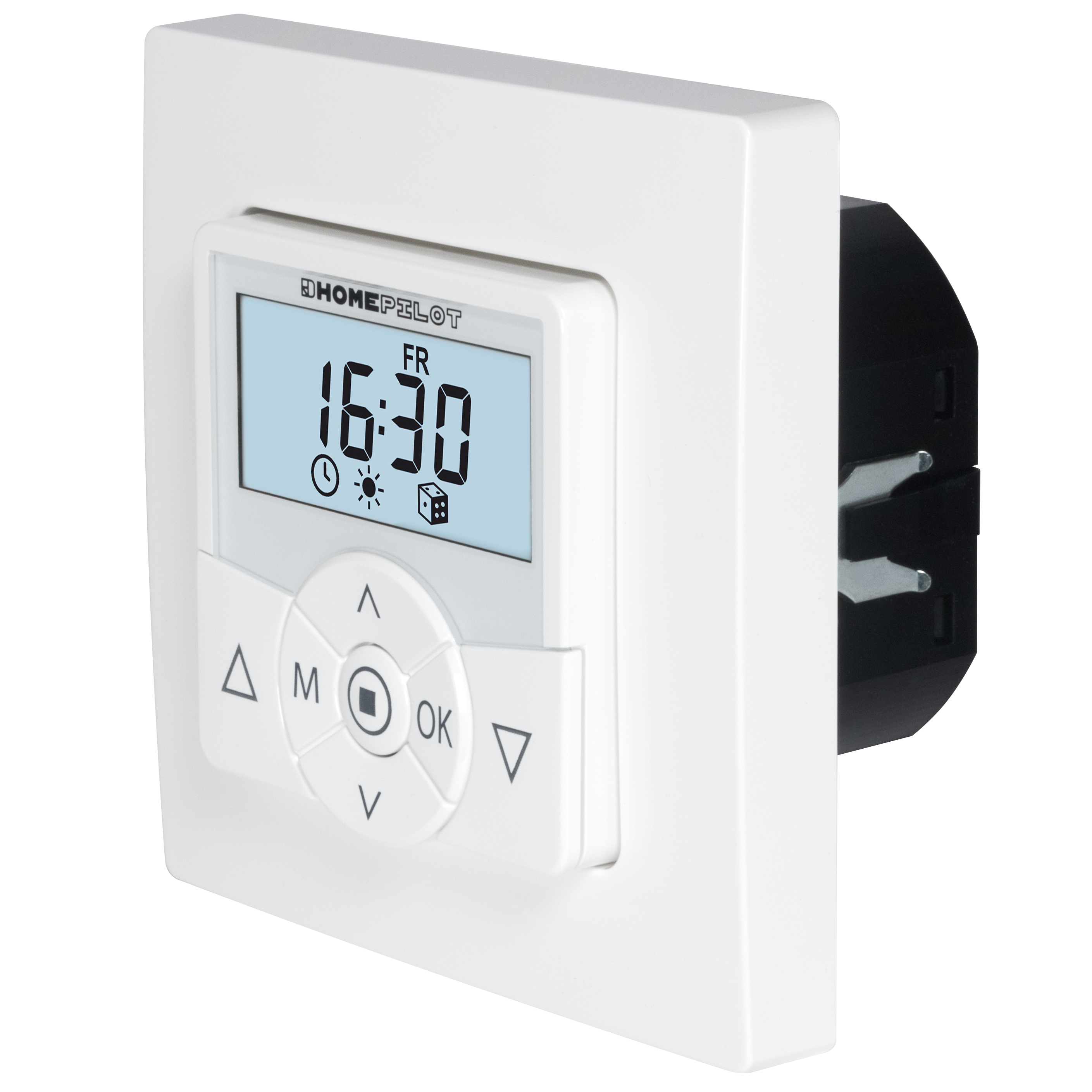 Weißer Homepilot-Wandtimer mit Digitalanzeige, die Uhrzeit anzeigt, und Einstellungstasten.