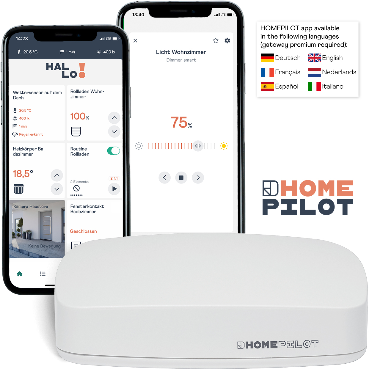 Zwei Telefone zeigen eine Smart-Home-App-Oberfläche, mit einer weißen Steuerbox.