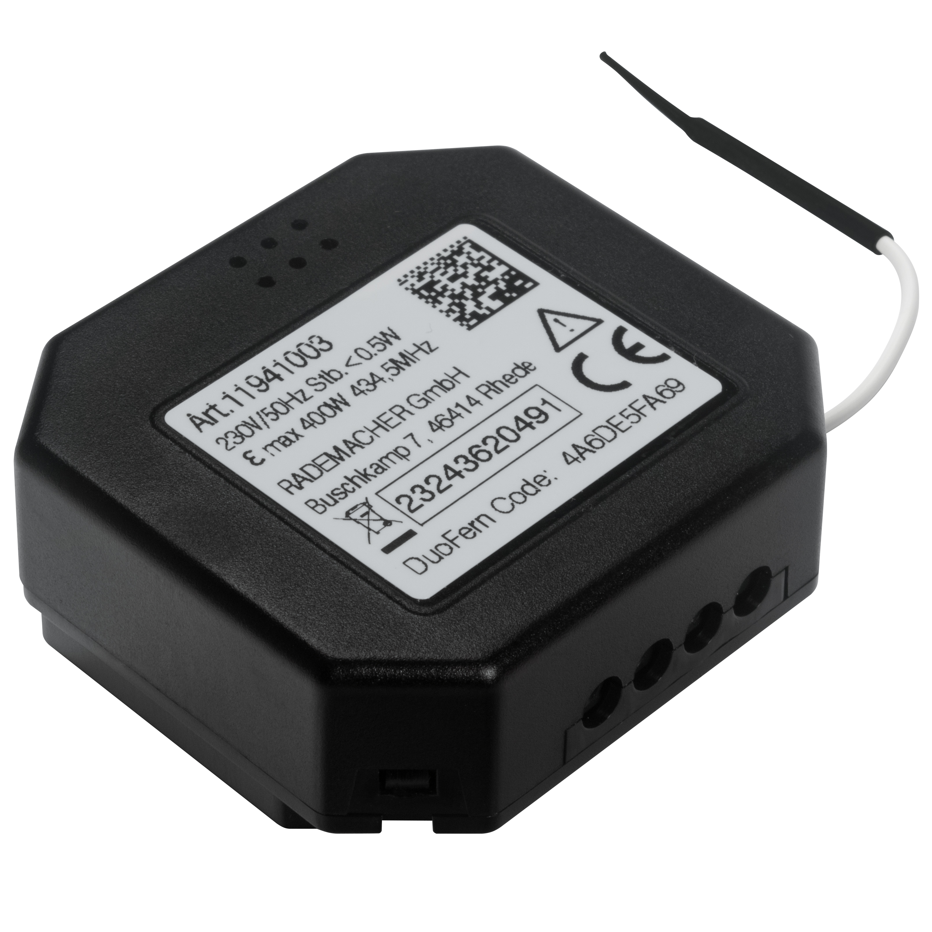 Ein schwarzes elektronisches Gerät mit Etikett und Antenne.
