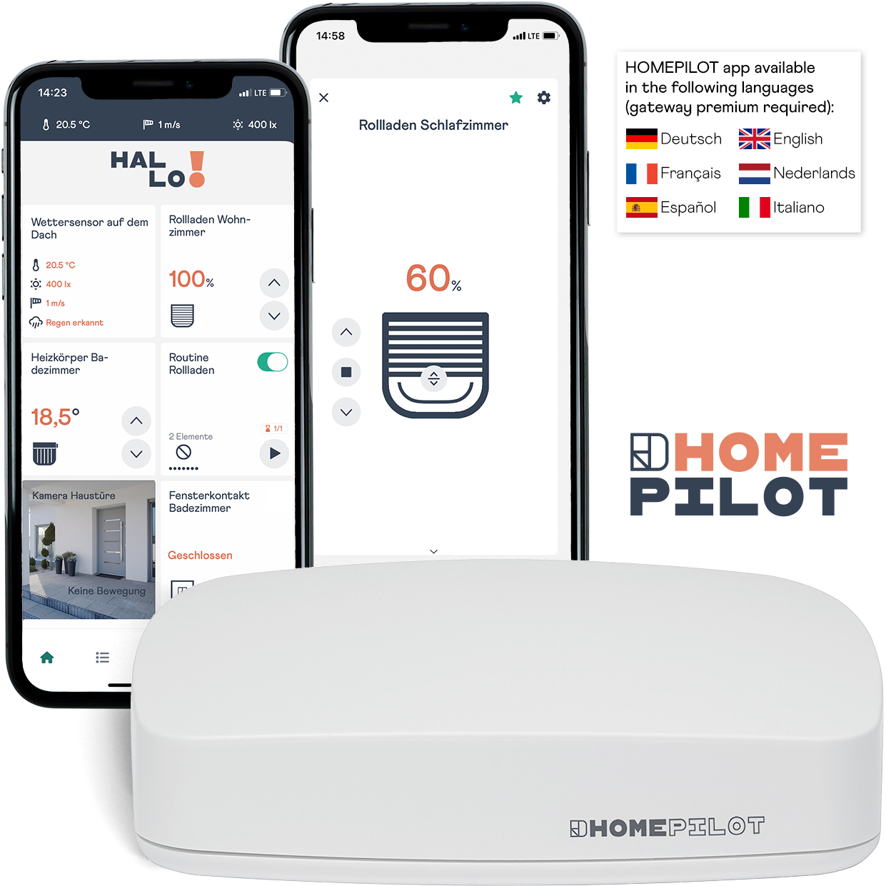 Zwei Smartphones mit einer Smart-Home-App-Oberfläche und einem HomePilot-Gerät.