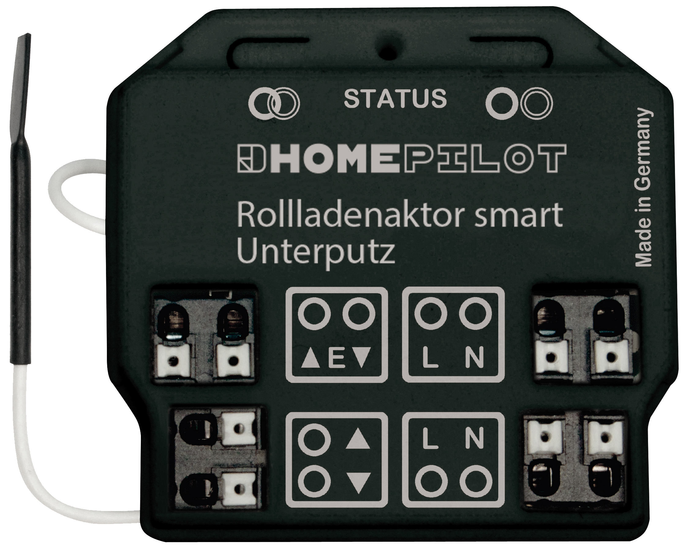 Ein schwarzer DHOMEPILOT Smart-Rollladenaktor. Mehrere Anschlüsse und Statusanzeigen.