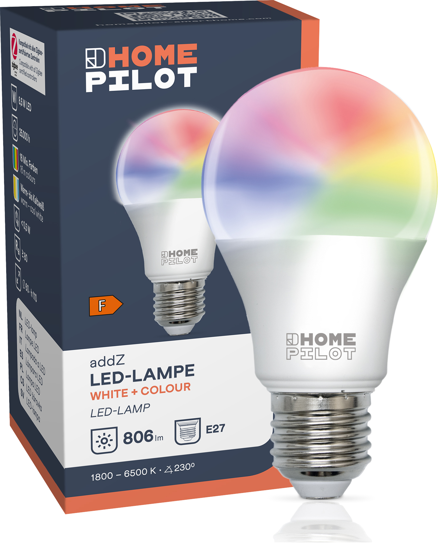 White Zigbee-Funkstandard and Leuchtmittel E27 RGBW HOMEPILOT mit Colour addZ LED-Lampe