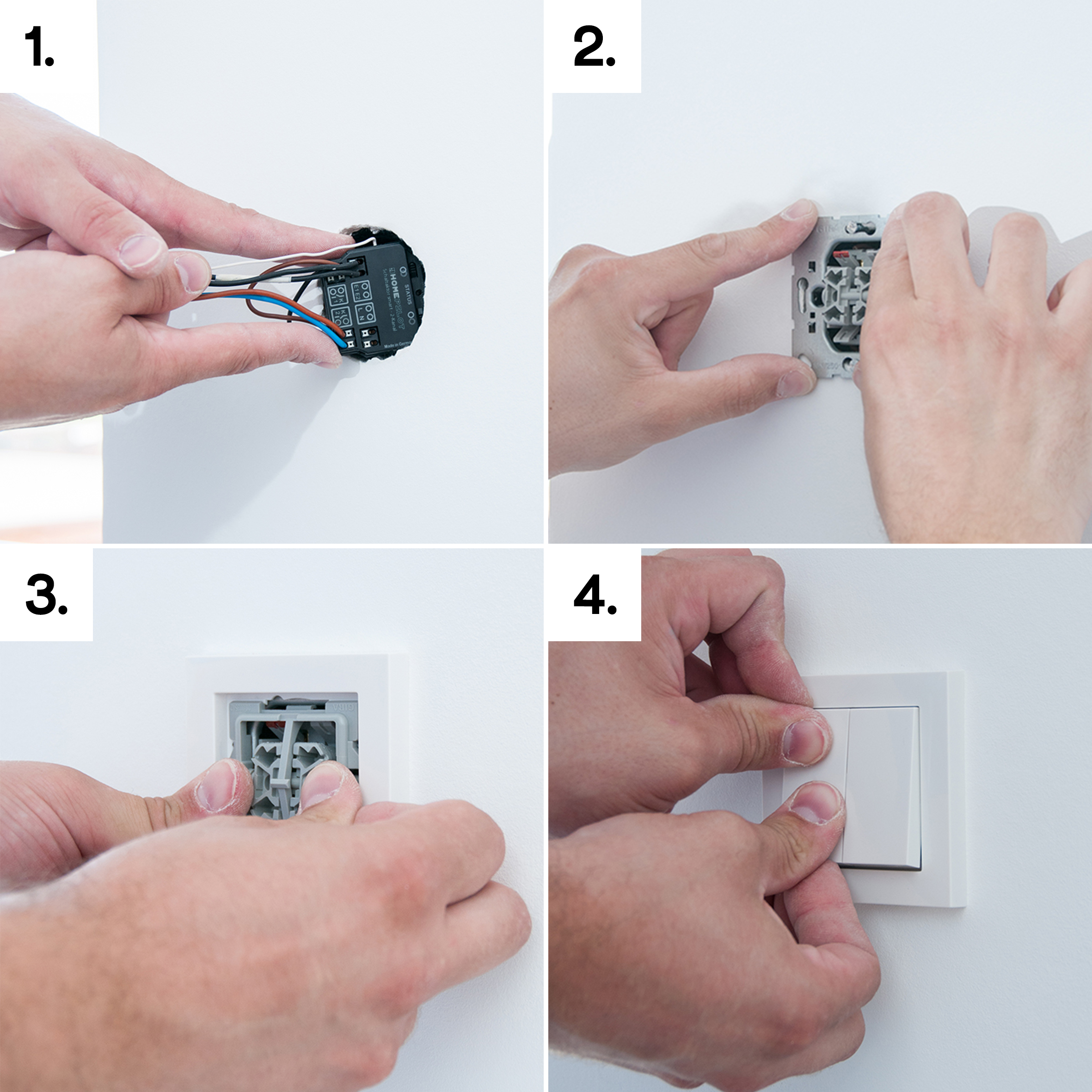 Quattro immagini che mostrano i passaggi per installare un interruttore della luce. Mani che lavorano sull'interruttore.