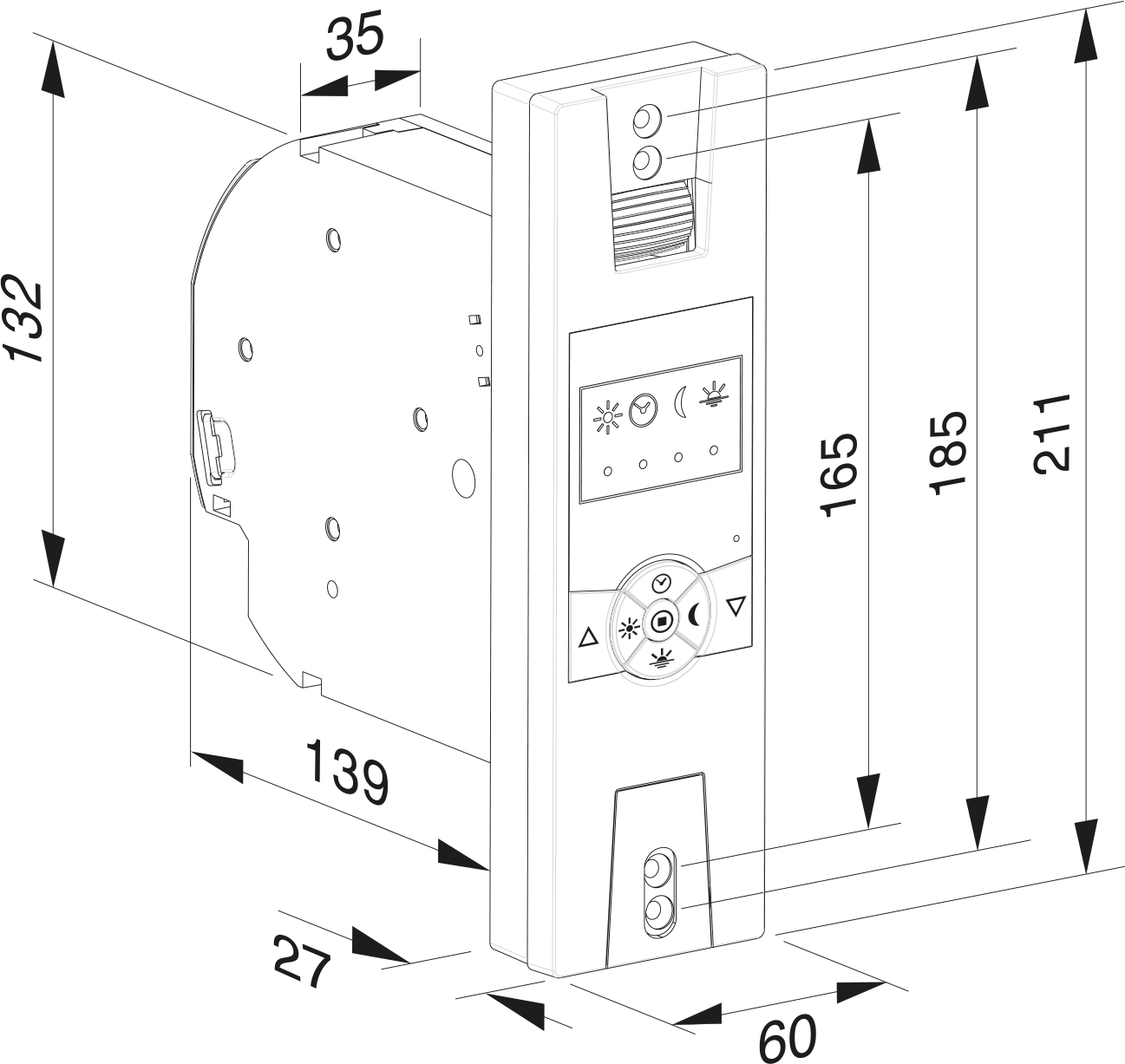 Schwarz-Weiß-Diagramm eines elektrischen Geräts. Messungen mit Pfeilen dargestellt.