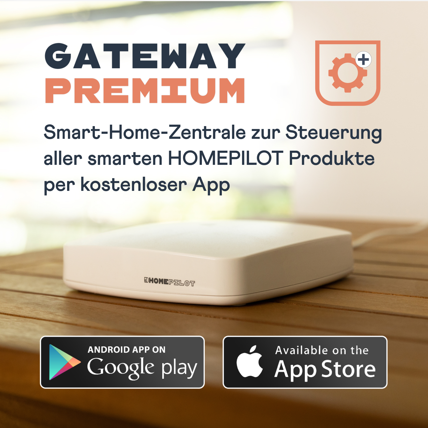 Ein weißes Gerät mit Text auf einem Holztisch. Der Text lautet Gateway Premium und Smart-Home-Zentrale.