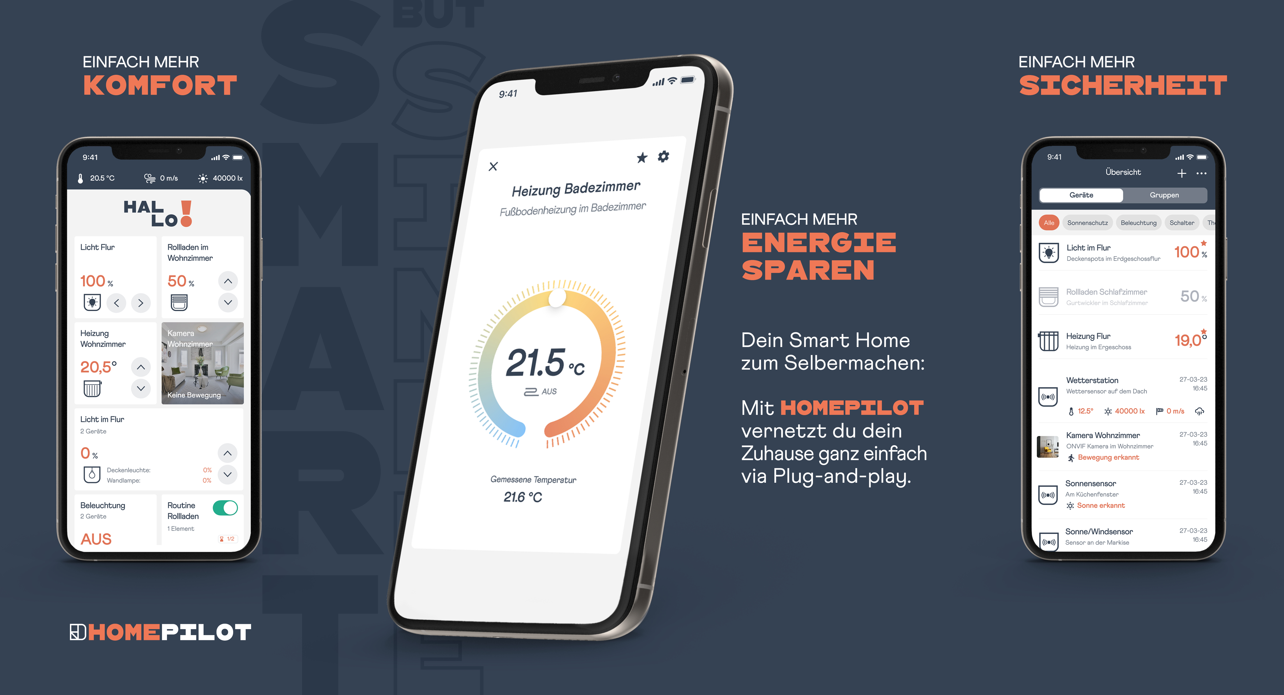 Smart Home App zeigt Komfort, Energie sparen & Sicherheit. Mehrere Geräteübersichten.