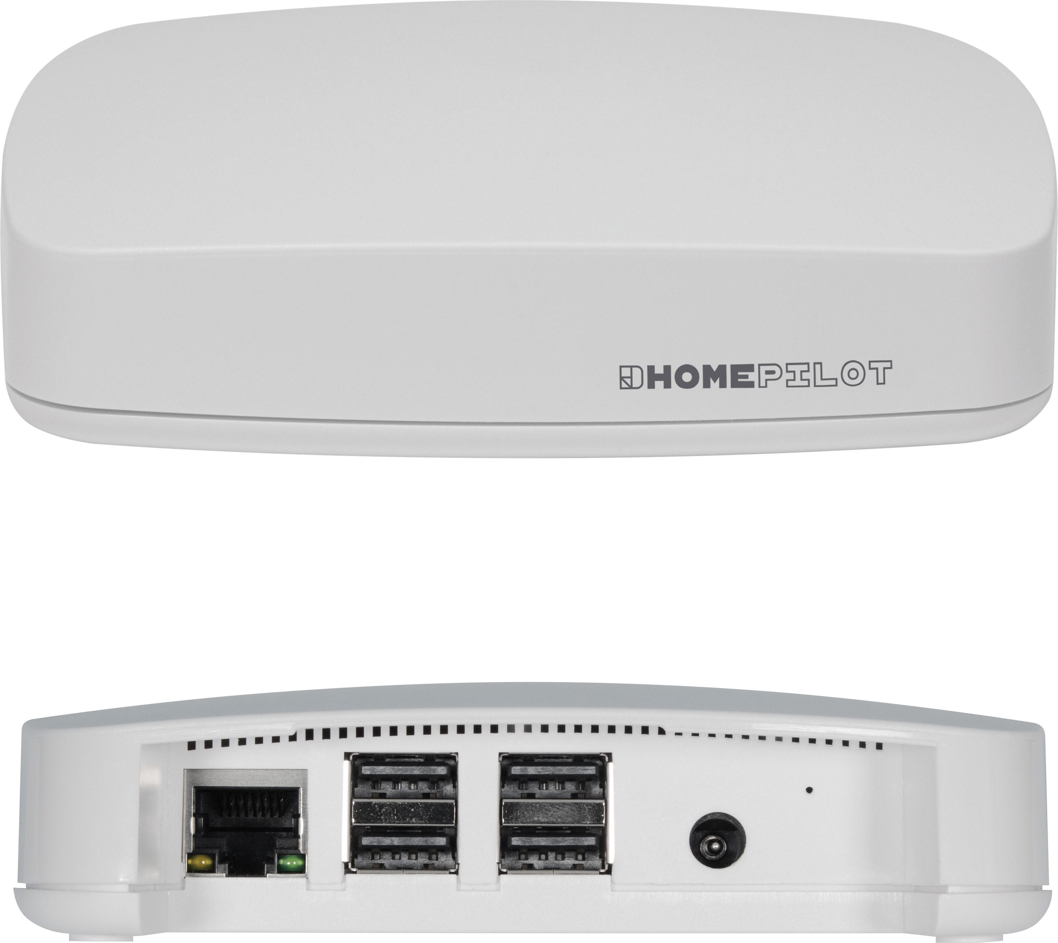 Ein weißes Homepilot-Gerät mit Anschlüssen wie Ethernet und USB.